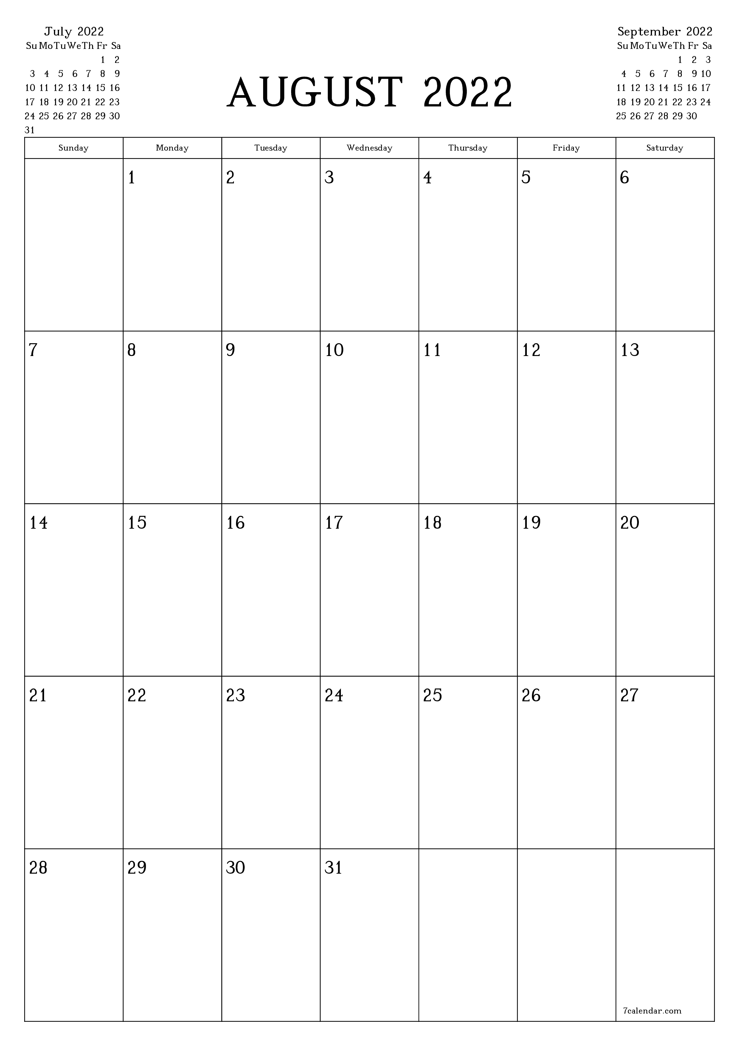 Blank monthly calendar planner for month August 2022 with notes save and print to PDF PNG English - 7calendar.com