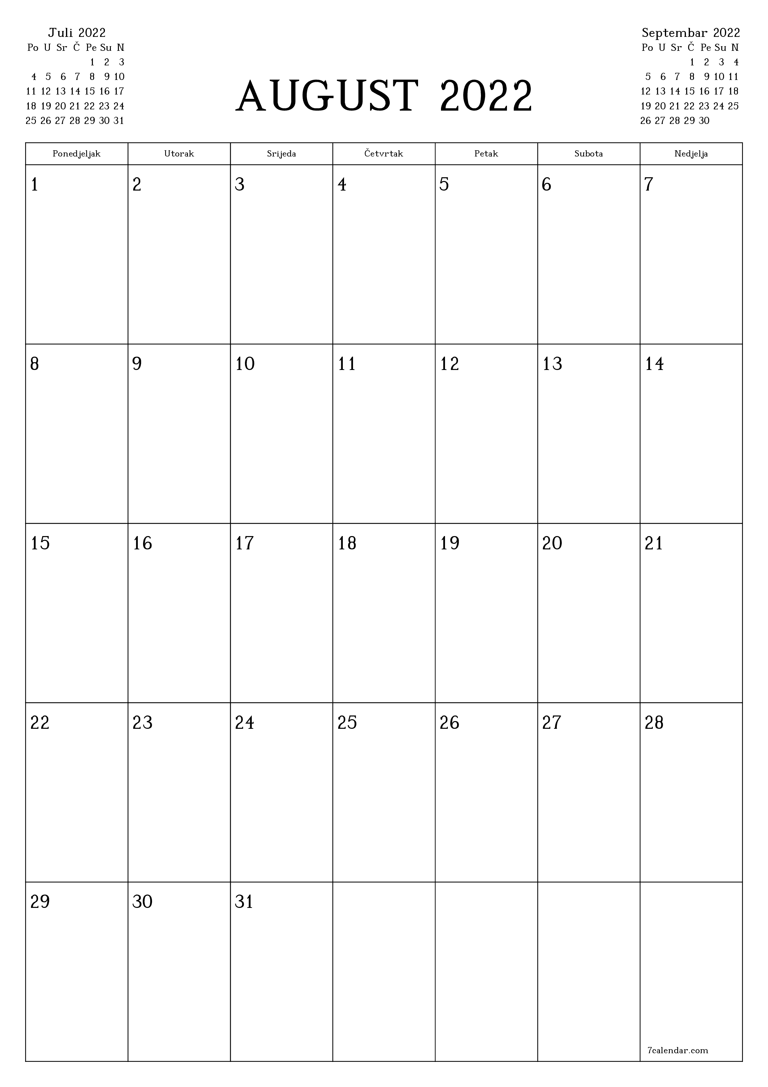  za štampanje zidni šablon a besplatni vertikalno Mjesečno planer kalendar August (Aug) 2022