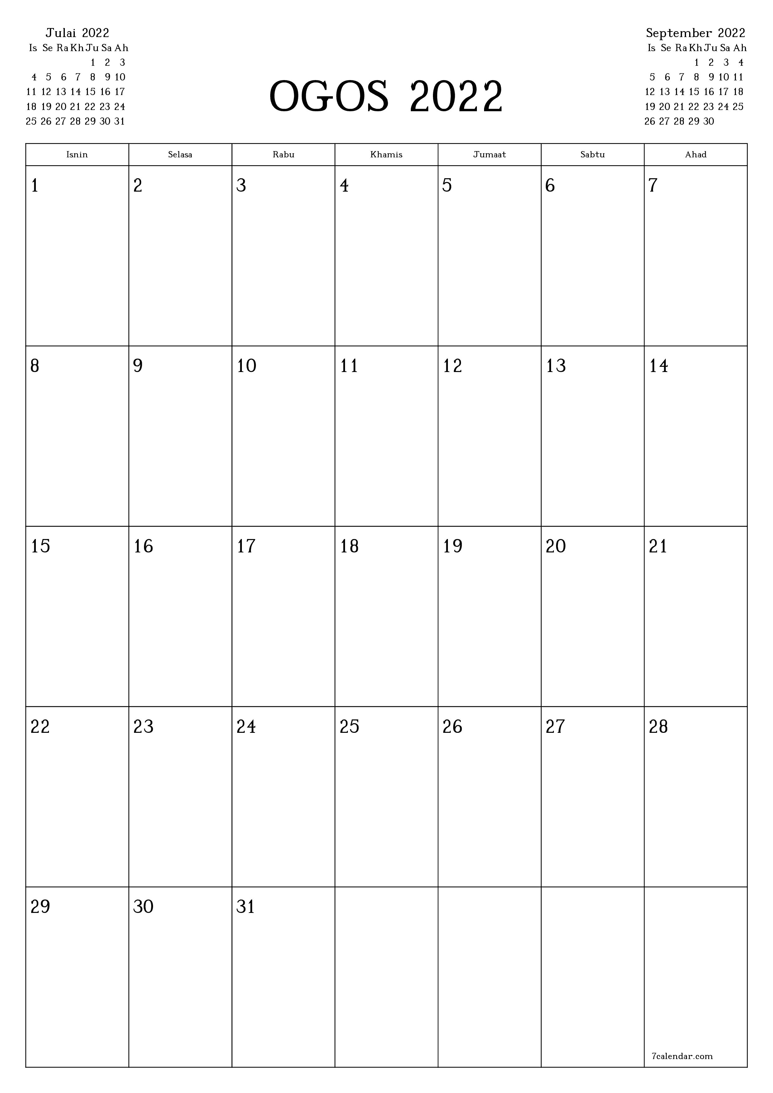  boleh cetak dinding templat percumamenegak Bulanan perancang kalendar Ogos (Ogo) 2022