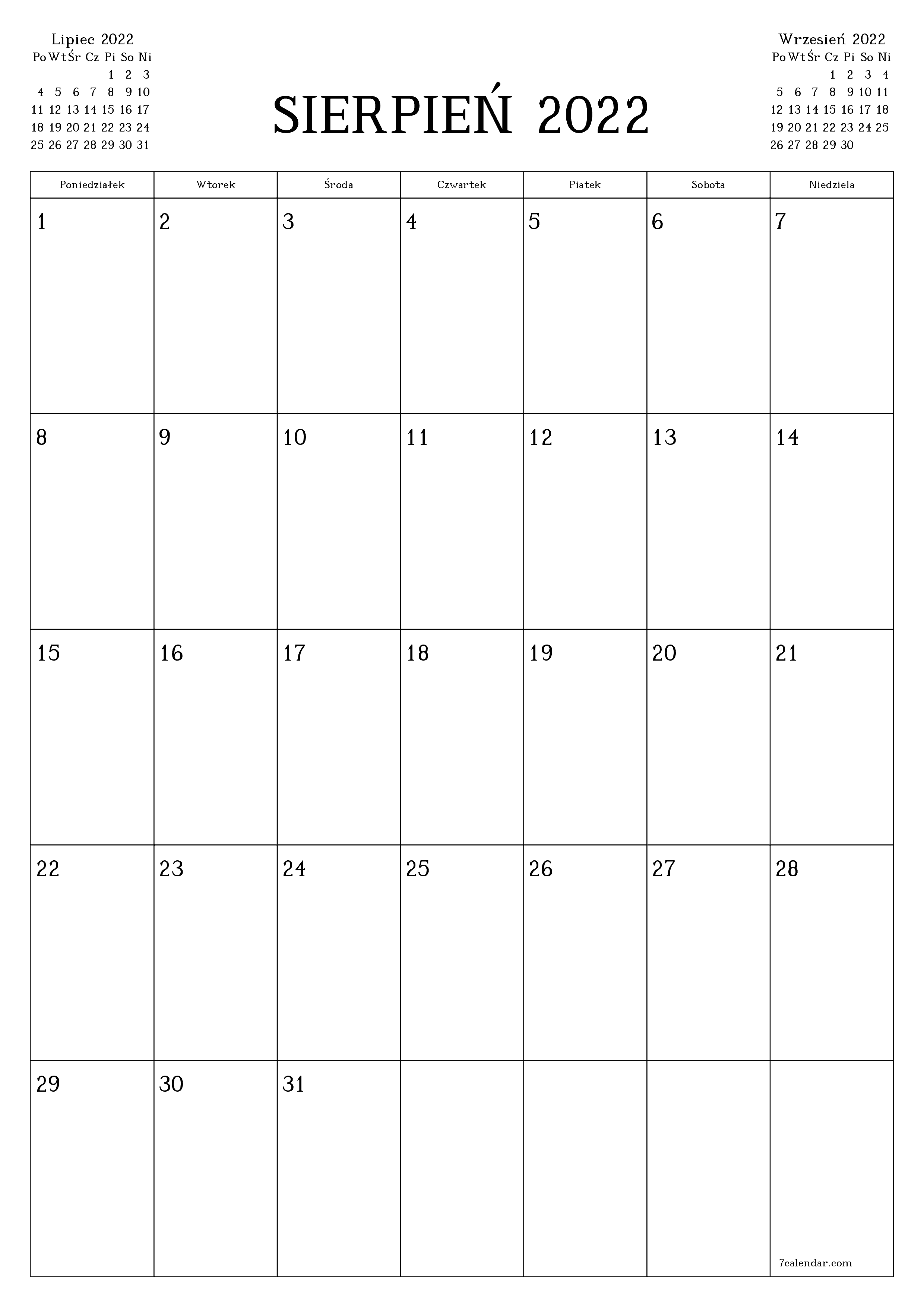  do druku ścienny szablon a darmowy pionowy Miesięczny planista kalendarz Sierpień (Sie) 2022