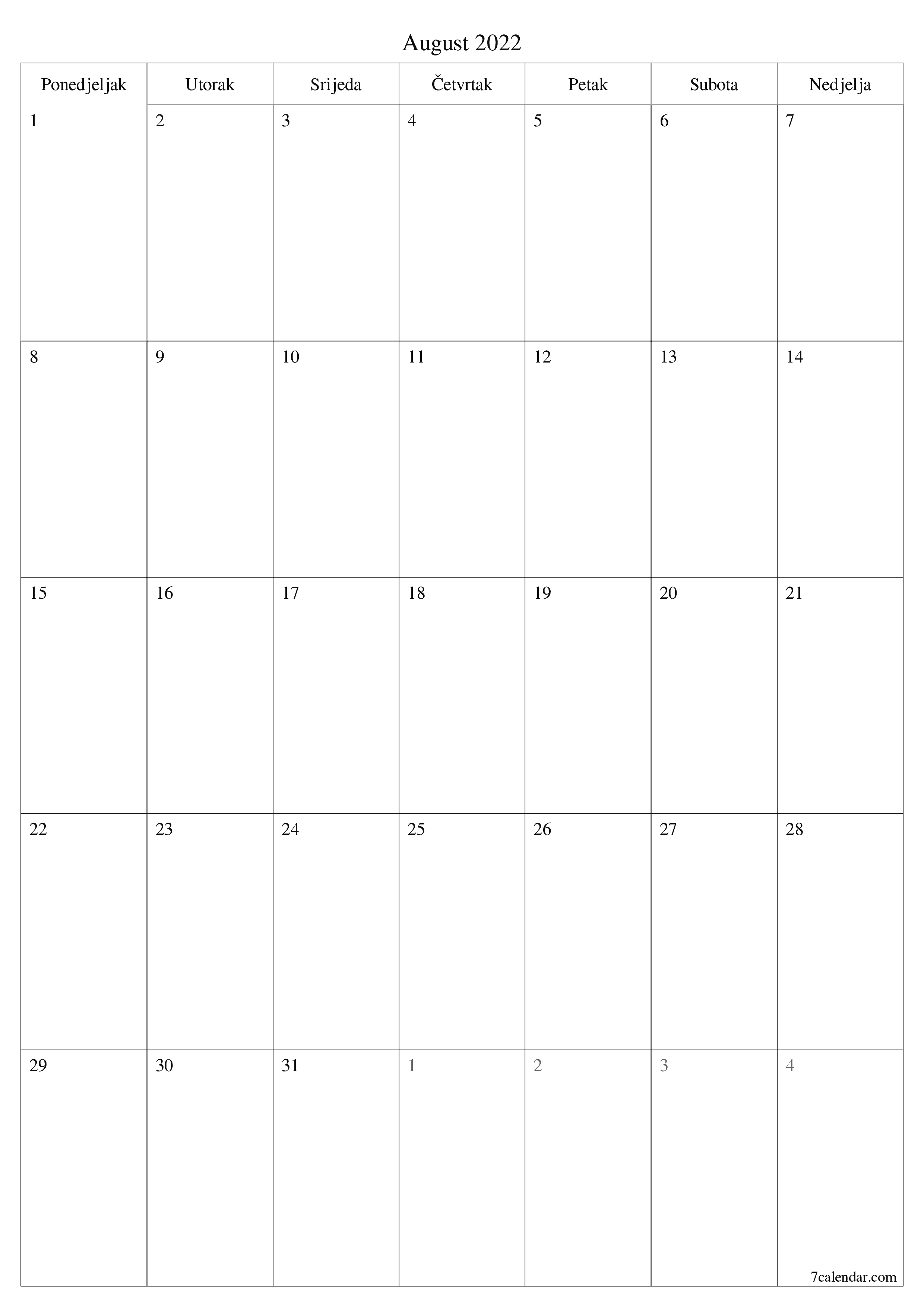  za štampanje zidni šablon a besplatni vertikalno Mjesečno planer kalendar August (Aug) 2022