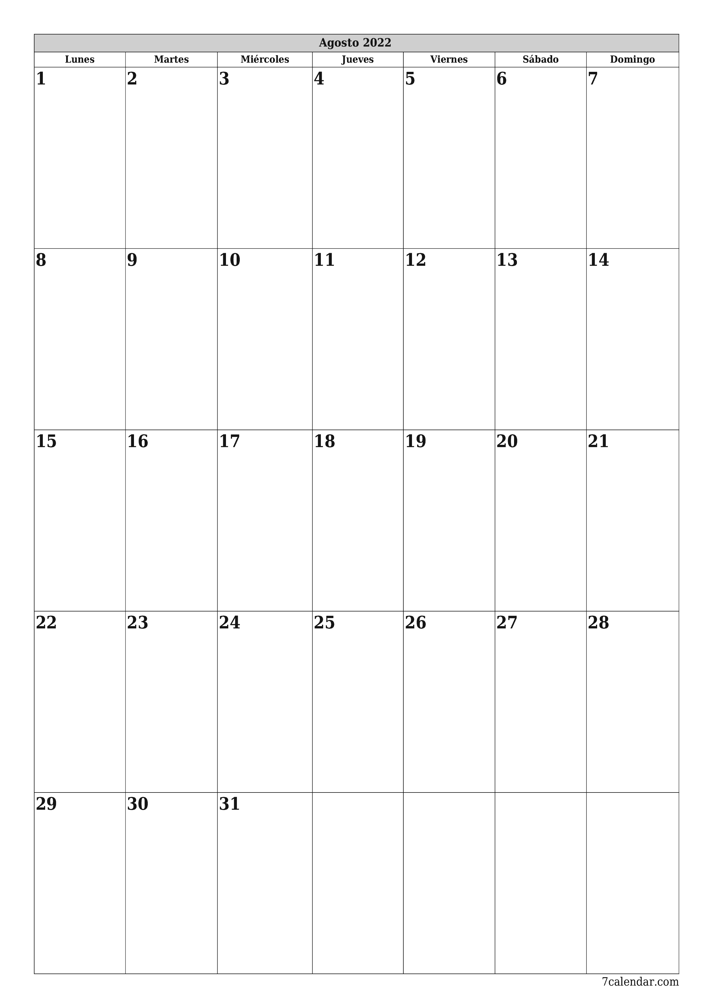  imprimible de pared plantilla de gratisvertical Mensual planificador calendario Agosto (Ago) 2022