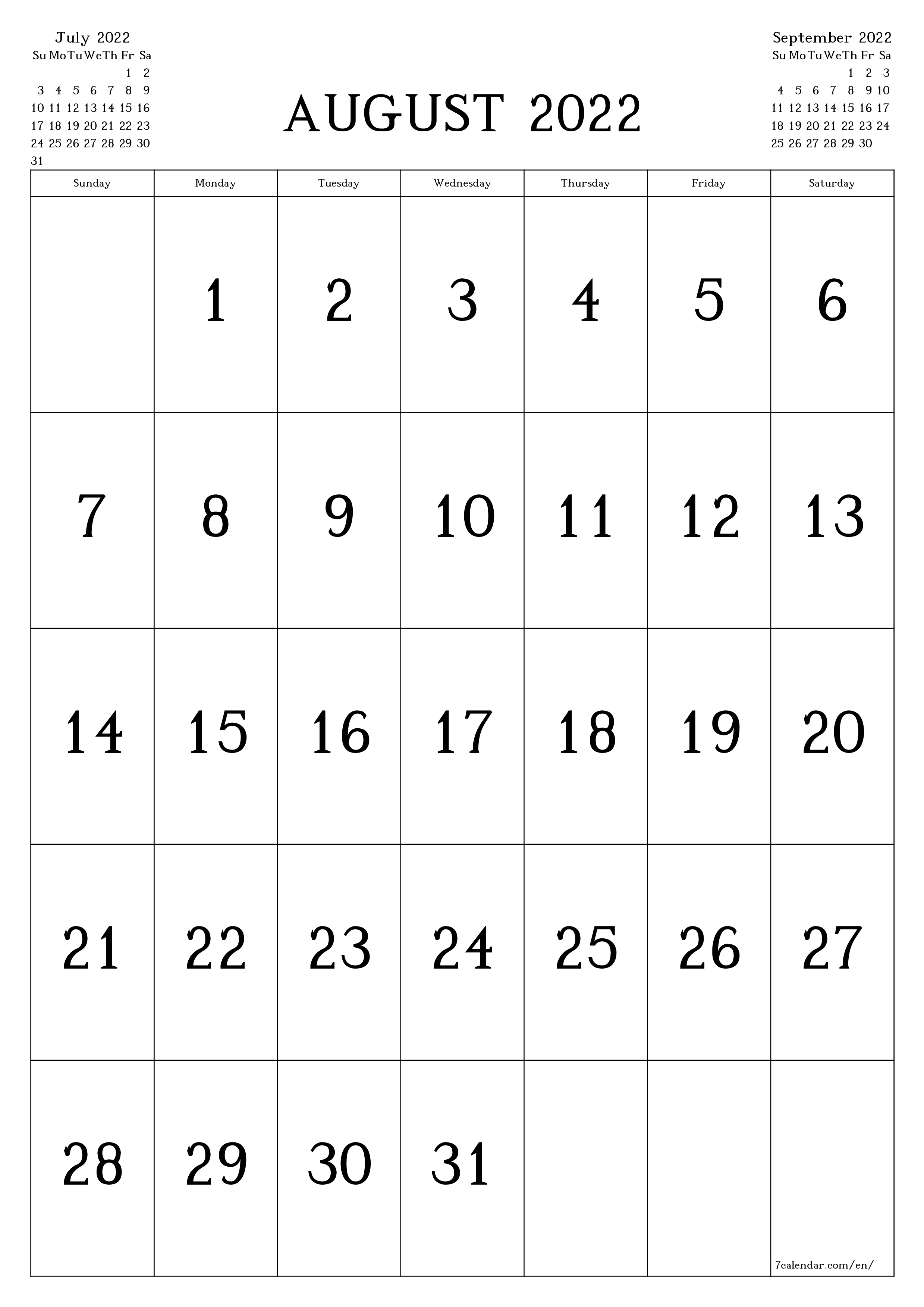 Blank monthly dated HD template image of calendar for month August 2022 save and print to PDF PNG English - 7calendar.com