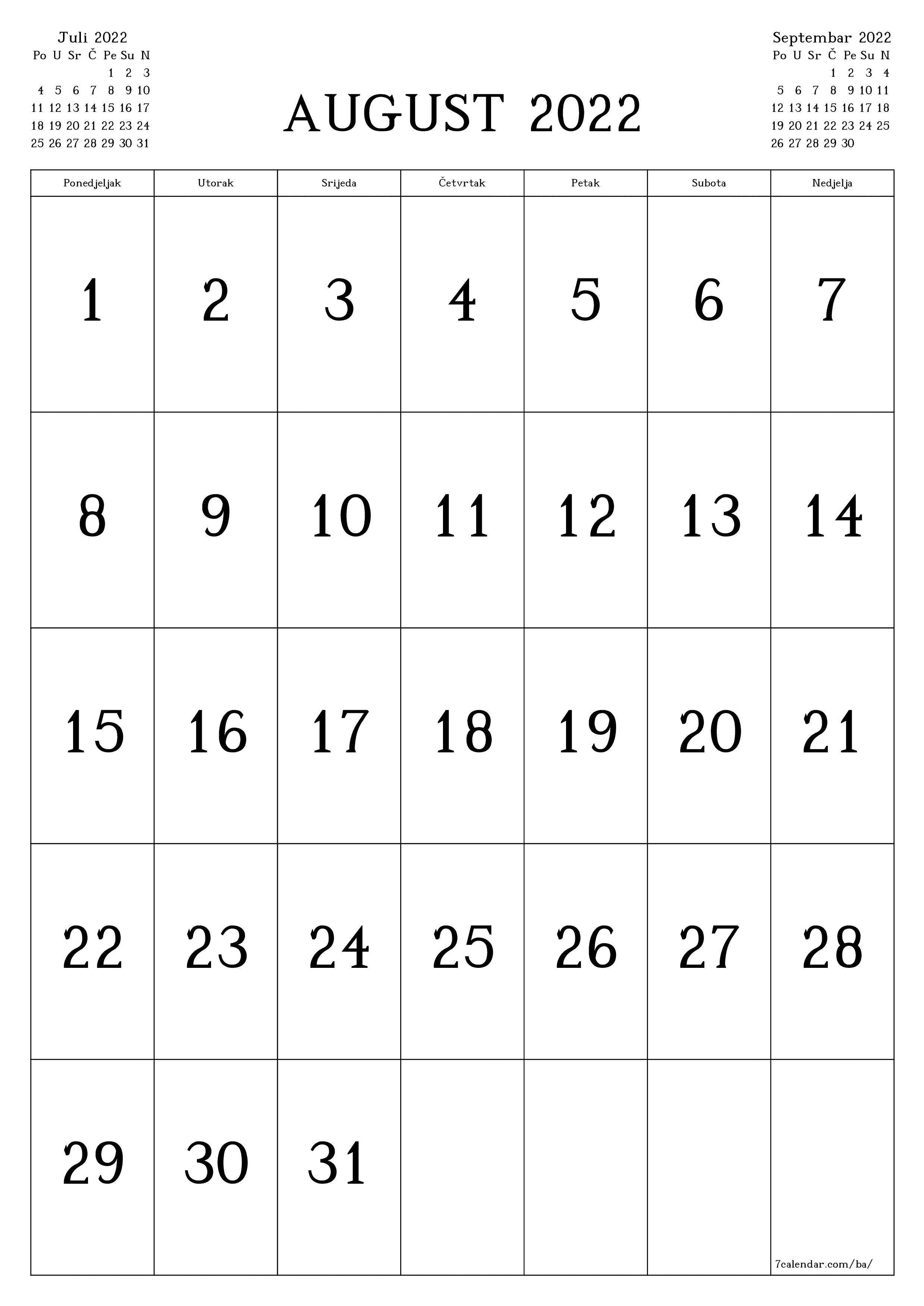  za štampanje zidni šablon a besplatni vertikalno Mjesečno kalendar August (Aug) 2022