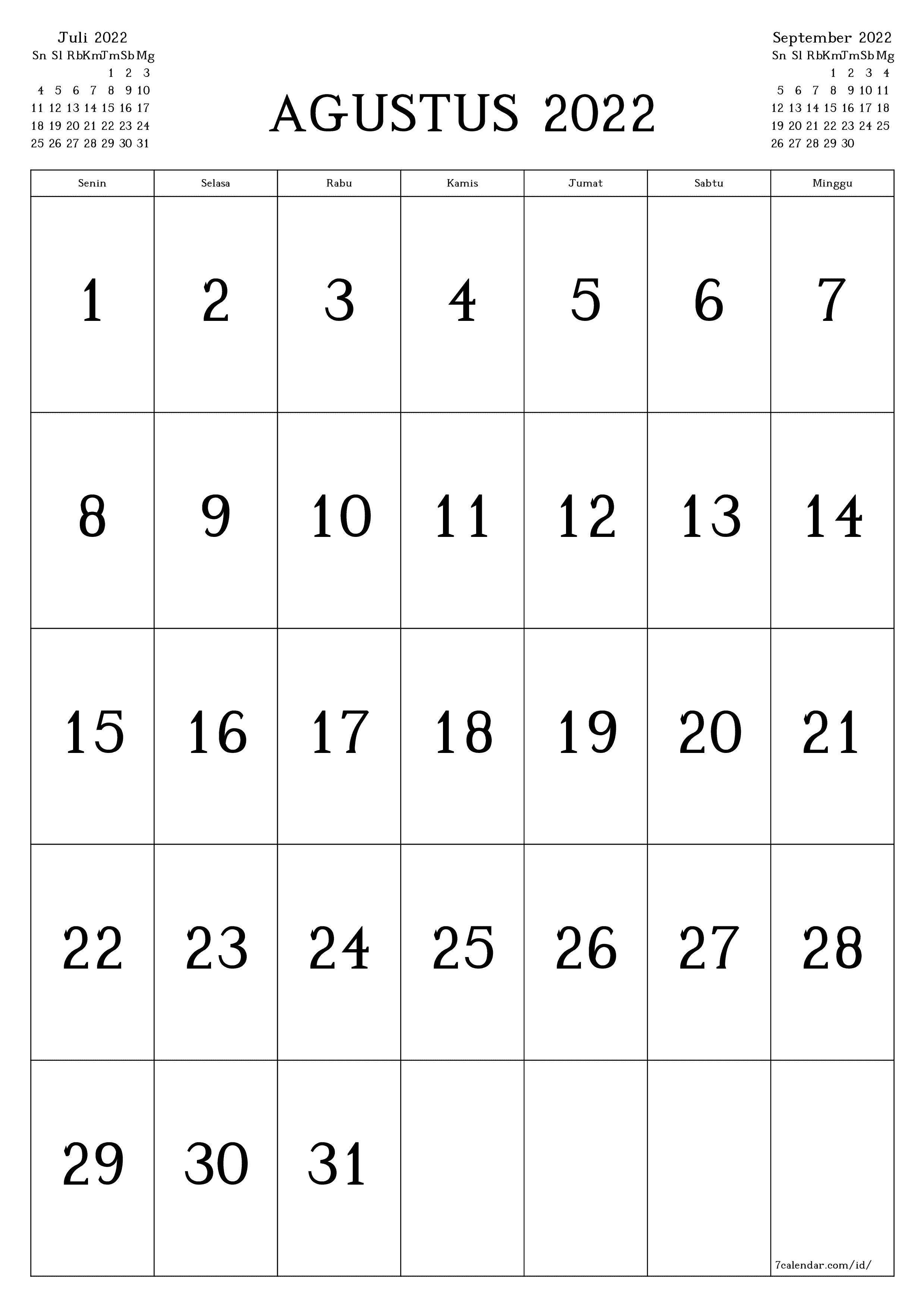 Kalender bulanan kosong untuk bulan Agustus 2022 simpan dan cetak ke PDF PNG Indonesian - 7calendar.com