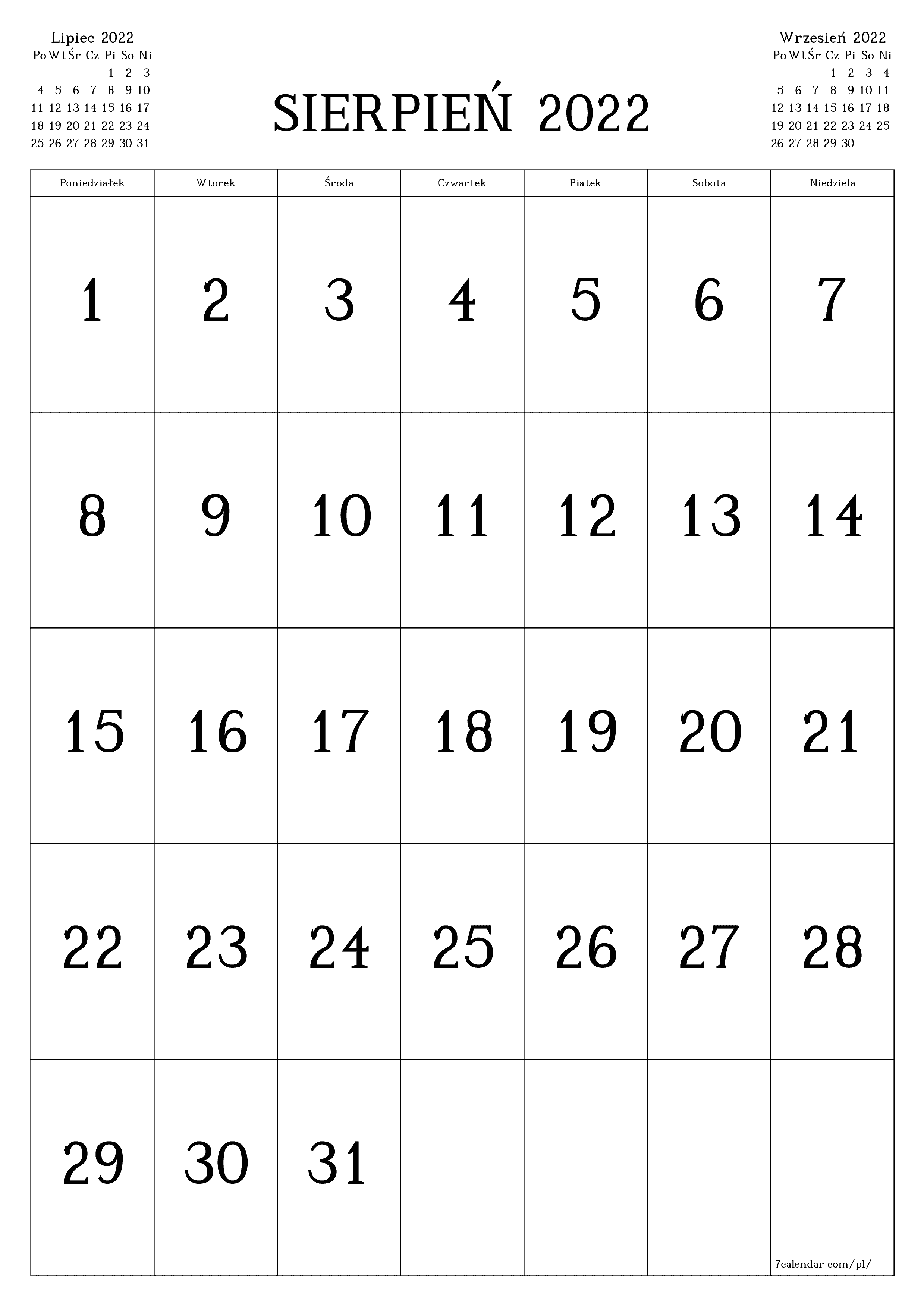  do druku ścienny szablon a darmowy pionowy Miesięczny kalendarz Sierpień (Sie) 2022