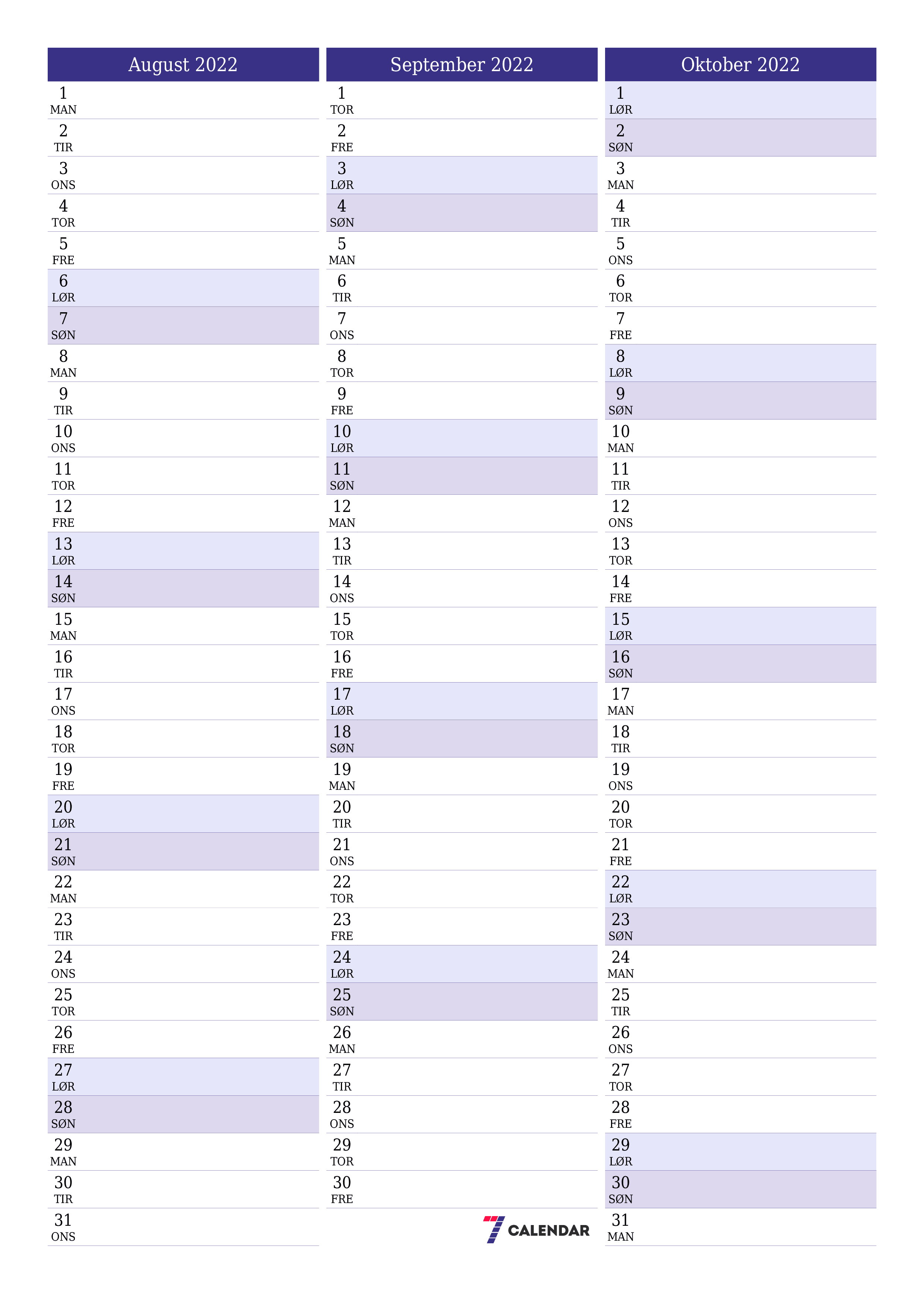 Tom månedlig planlegger for måned August 2022 med notater, lagre og skriv ut til PDF PNG Norwegian