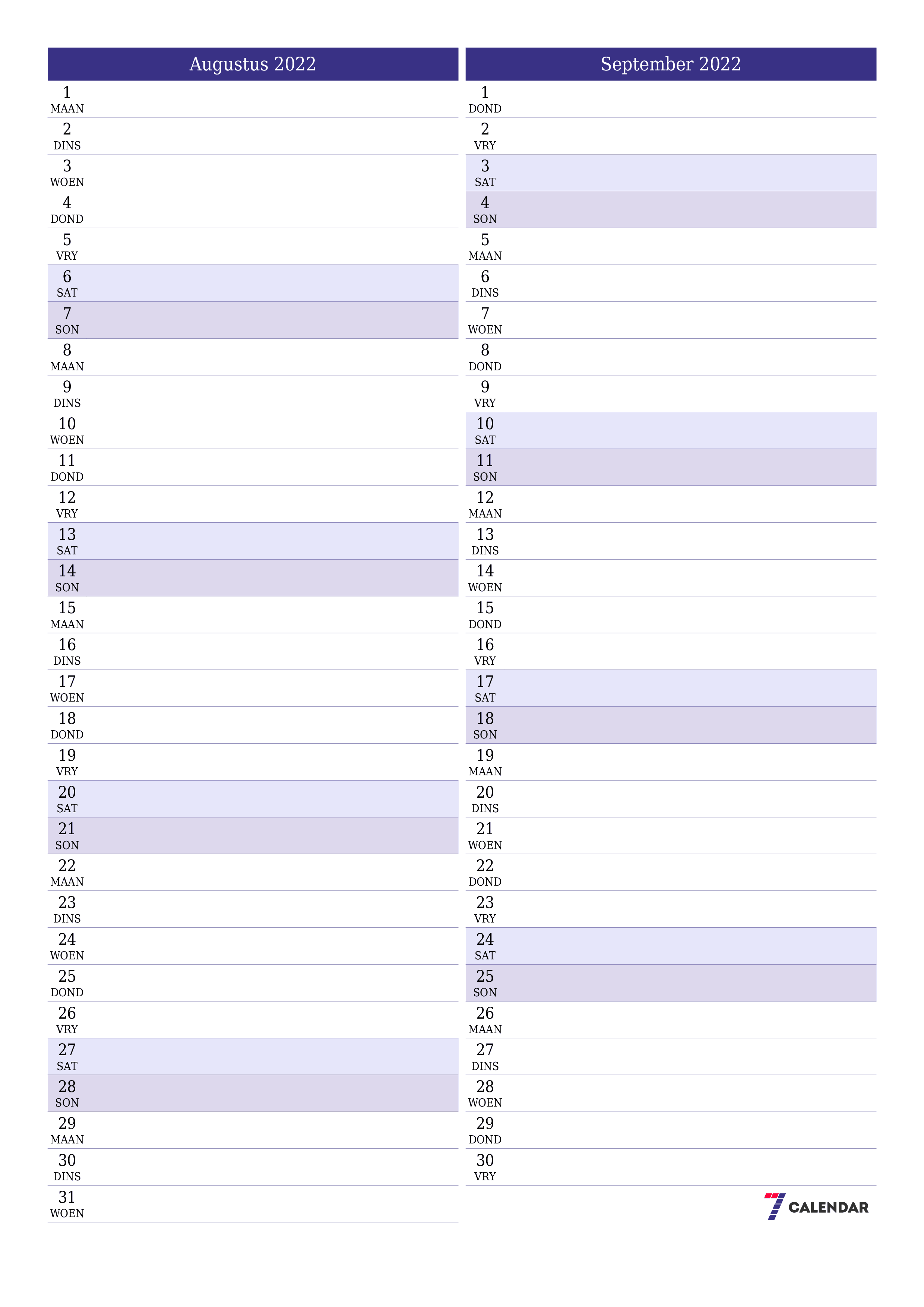 Leë maandelikse drukbare kalender en beplanner vir maand Augustus 2022 met notas stoor en druk na PDF PNG Afrikaans