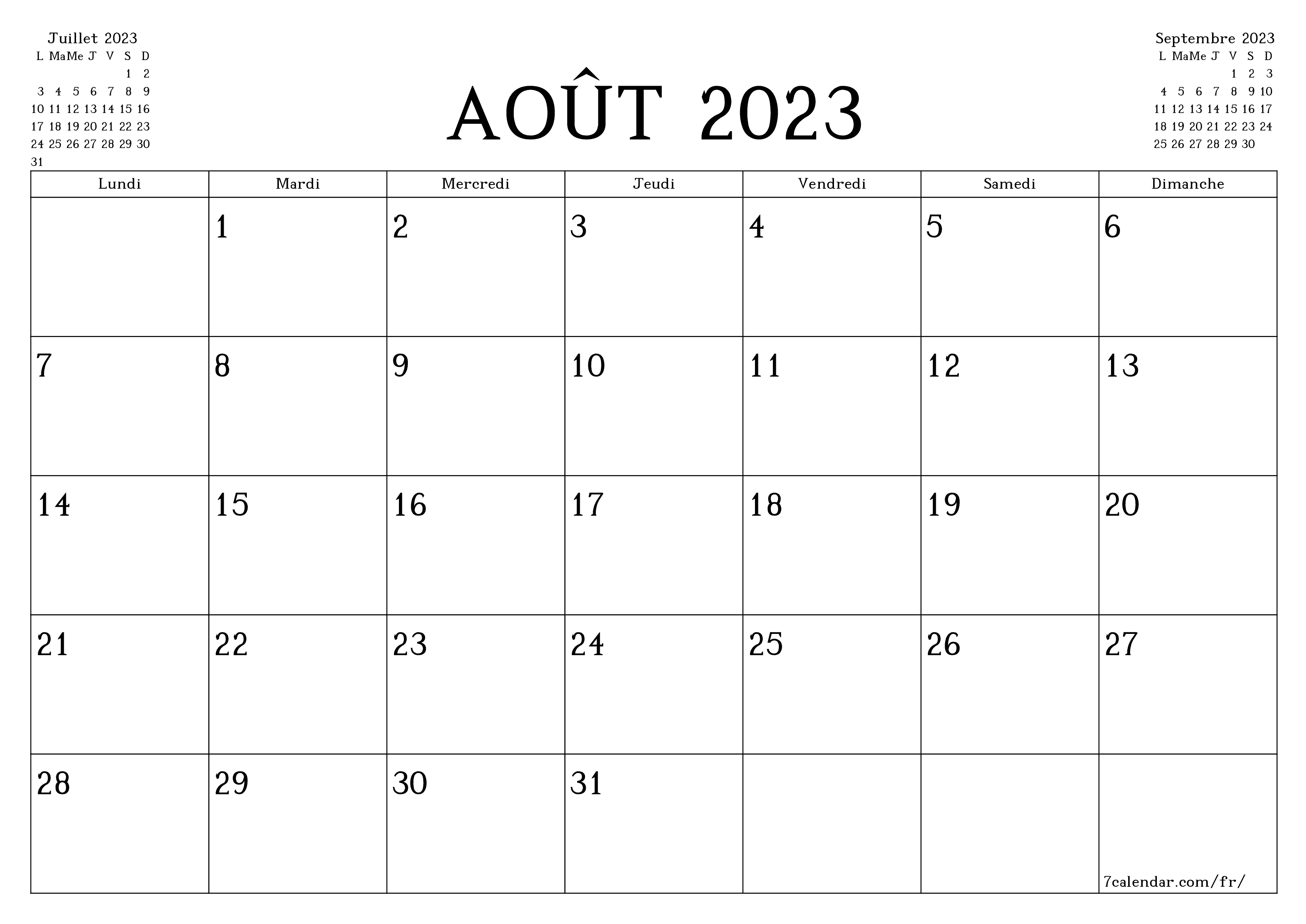 Agenda mensuel vide pour le mois Août 2023 avec notes, enregistrez et imprimez au format PDF PNG French