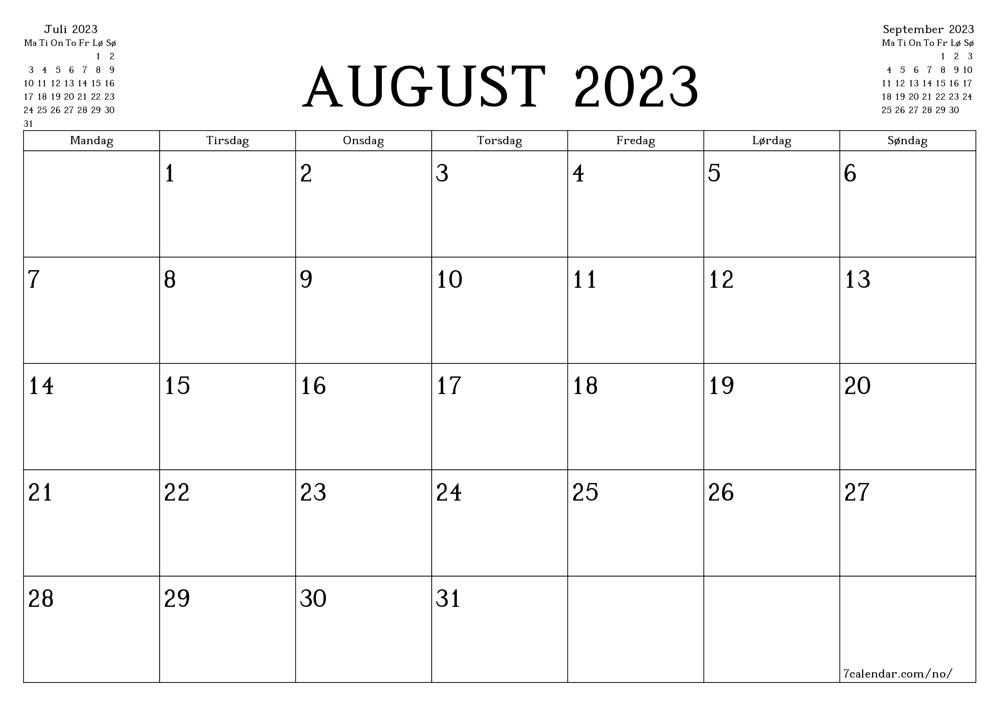 Tom månedlig planlegger for måned August 2023 med notater, lagre og skriv ut til PDF PNG Norwegian