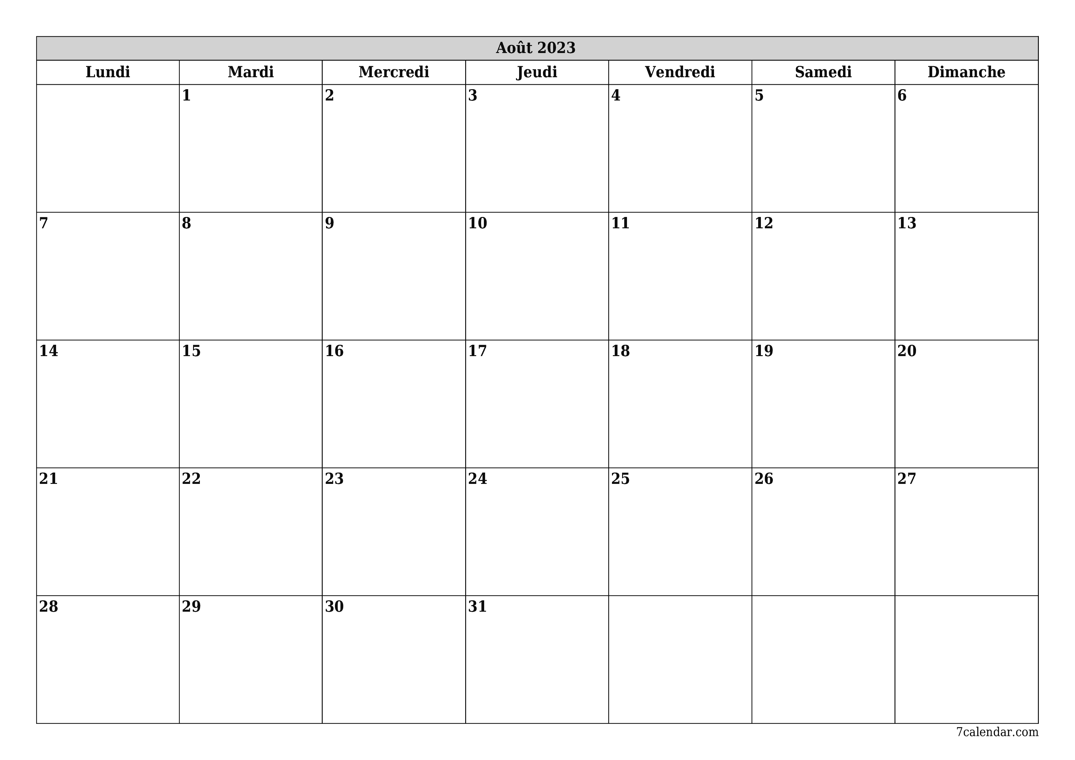 Agenda mensuel vide pour le mois Août 2023 avec notes, enregistrez et imprimez au format PDF PNG French