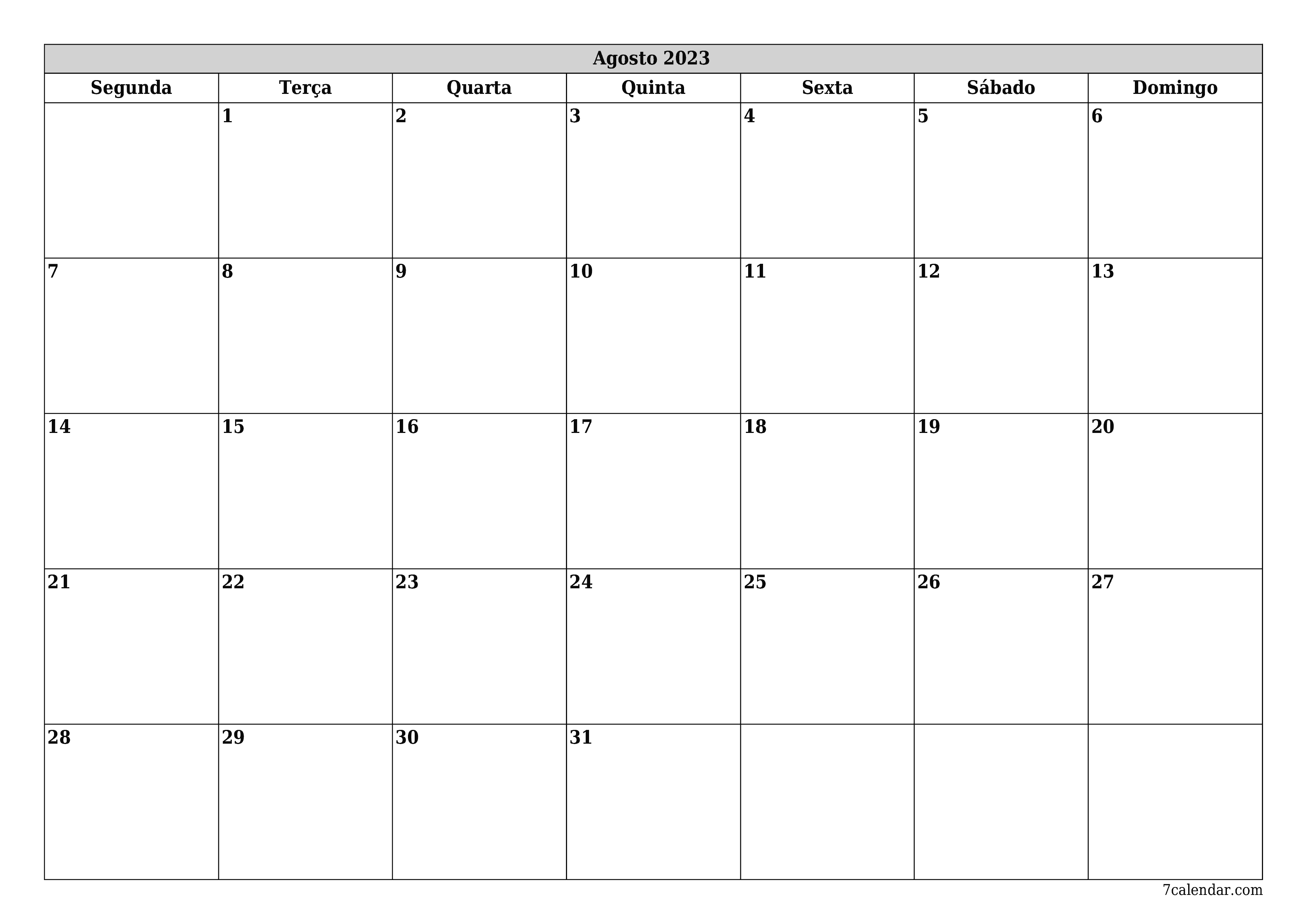 Esvazie o planejador mensal para o mês Agosto 2023 com notas, salve e imprima em PDF PNG Portuguese