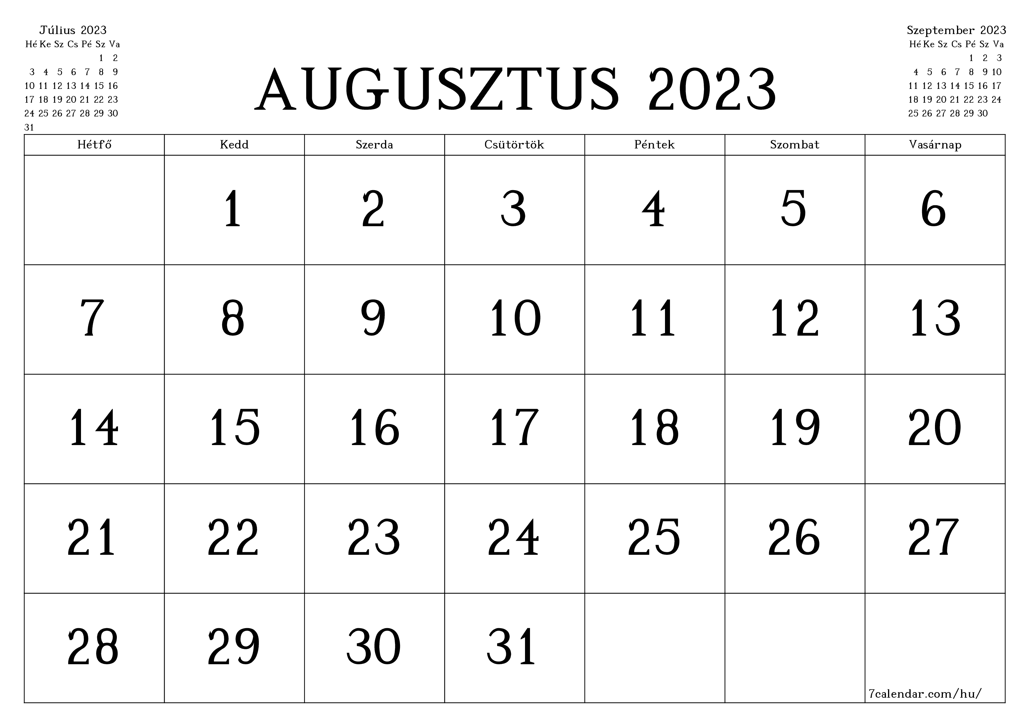 Üres havi tervező a Augusztus 2023 hónapra jegyzetekkel, mentés és nyomtatás PDF-be PNG Hungarian