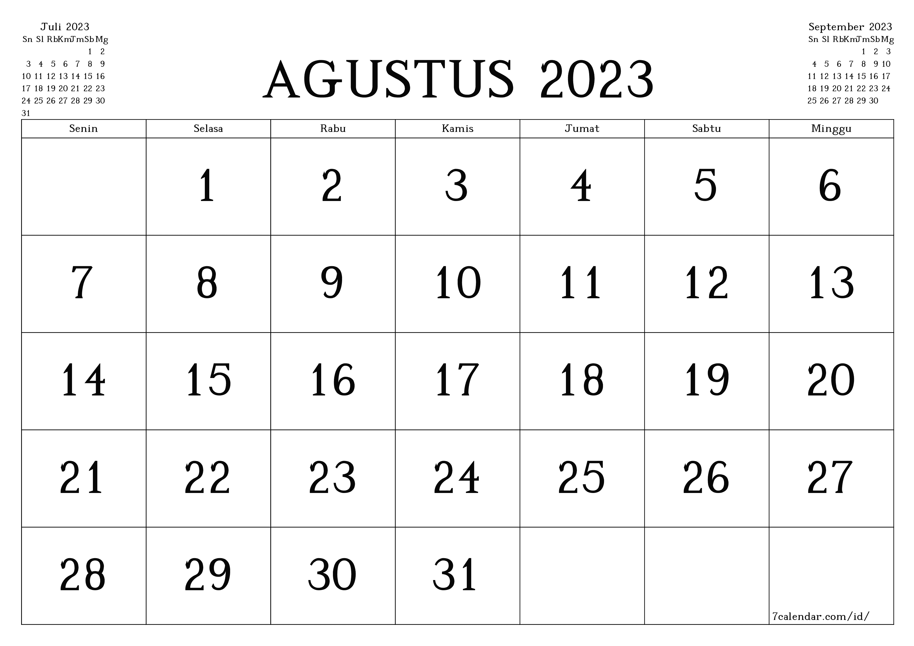 Kosongkan agenda bulanan untuk bulan Agustus 2023 dengan catatan, simpan dan cetak ke PDF PNG Indonesian