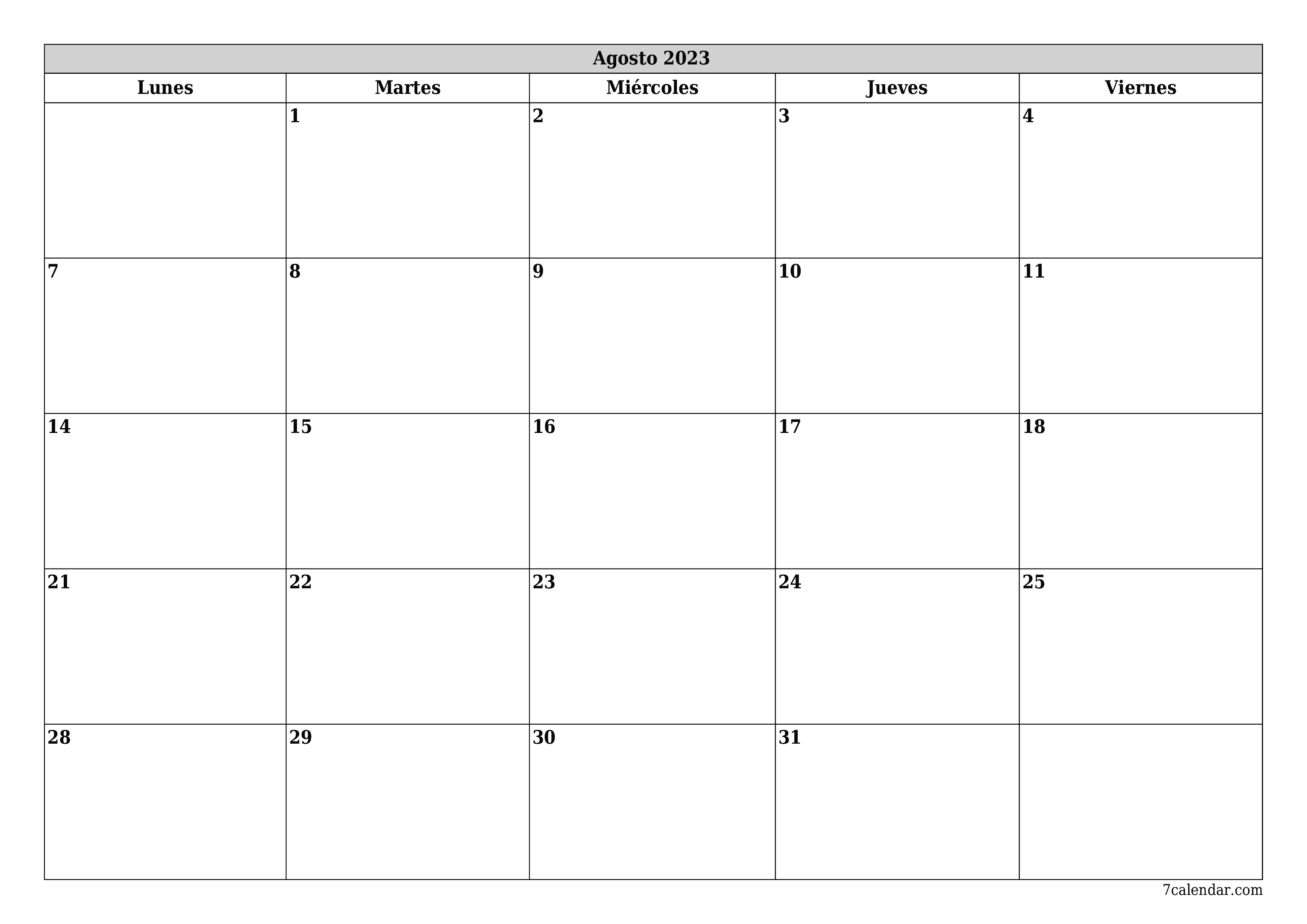Planificador mensual vacío para el mes Agosto 2023 con notas, guardar e imprimir en PDF PNG Spanish