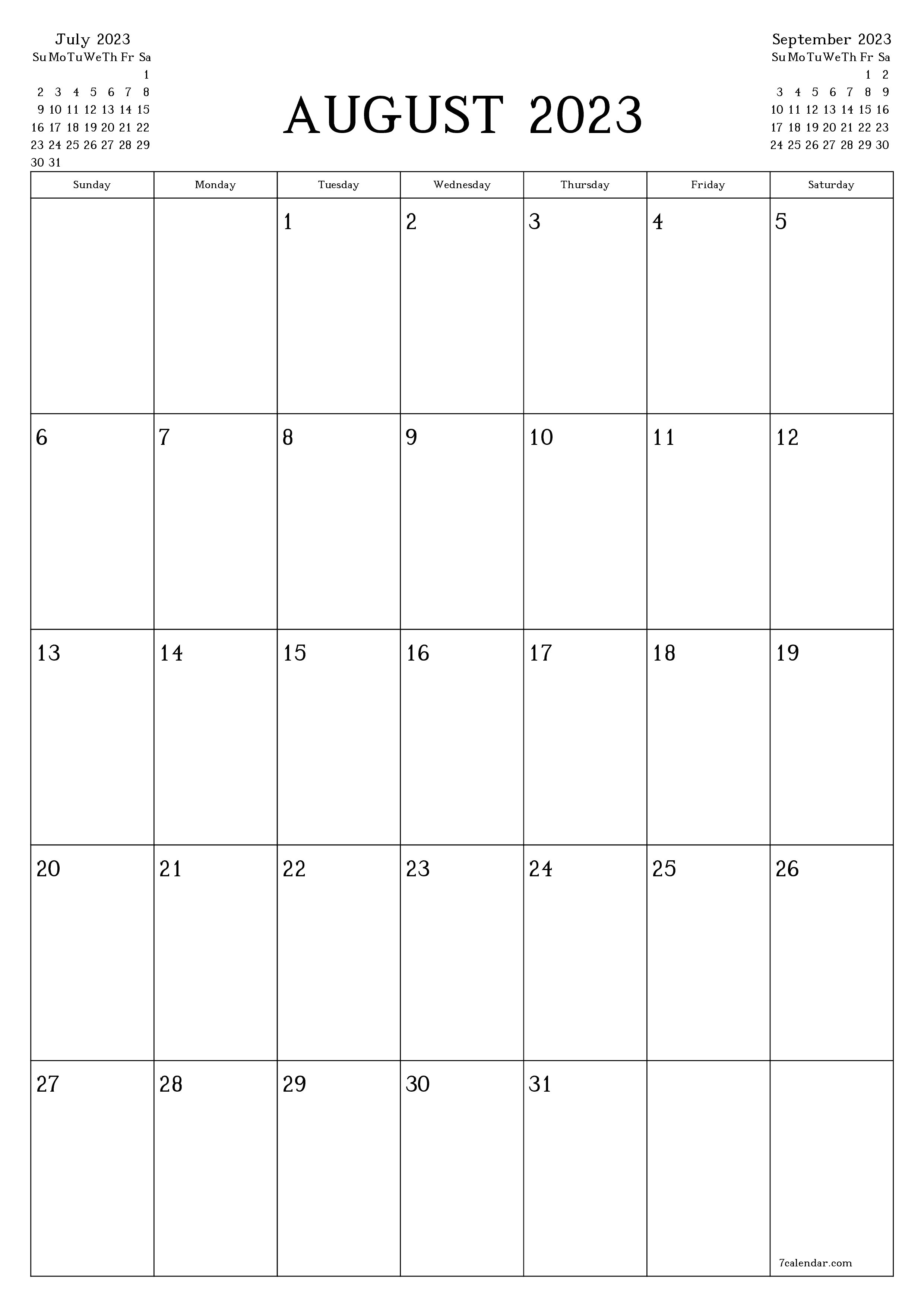 Blank monthly calendar planner for month August 2023 with notes save and print to PDF PNG English - 7calendar.com