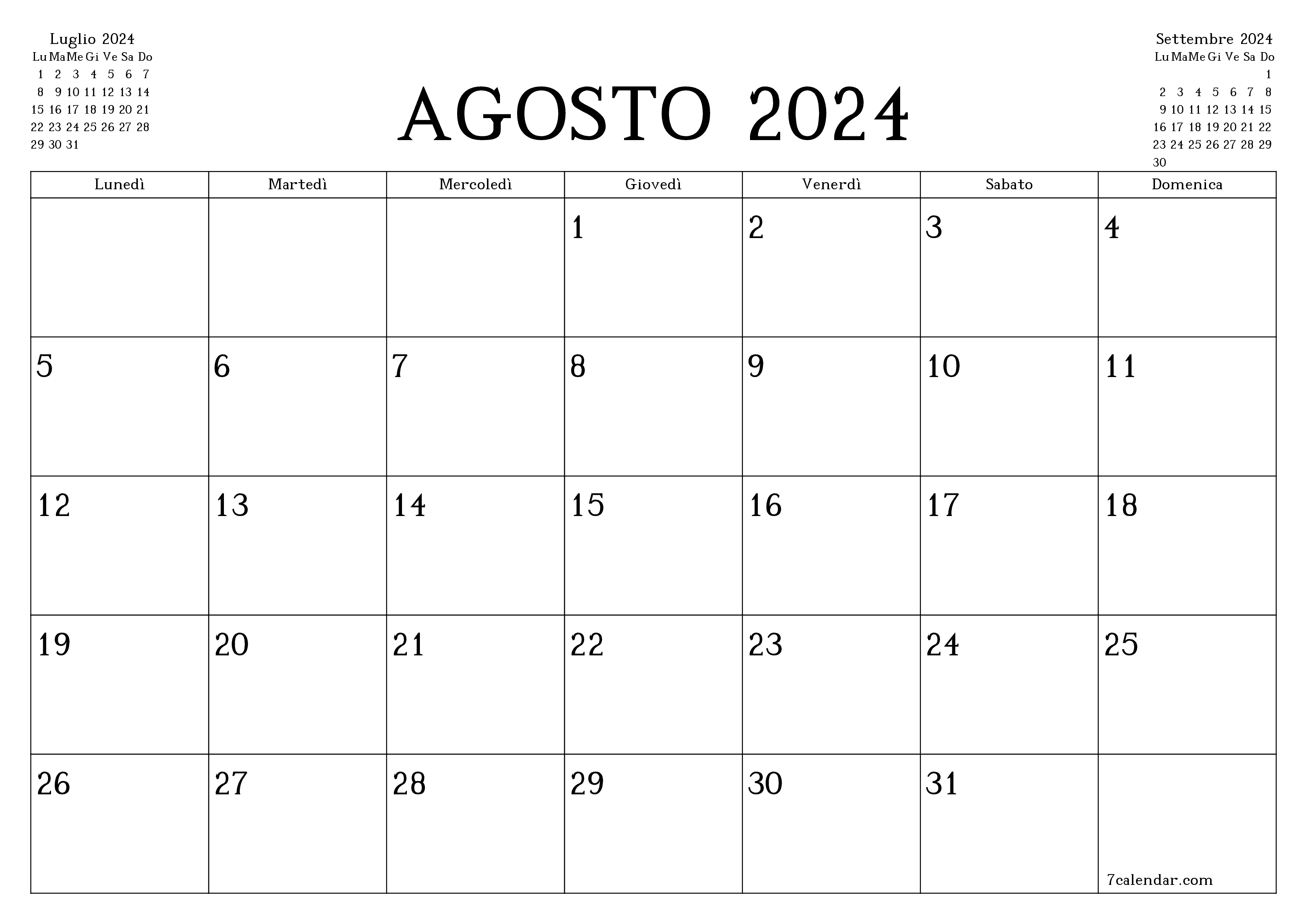 Pianificatore mensile vuoto per il mese Agosto 2024 con note, salva e stampa in PDF PNG Italian