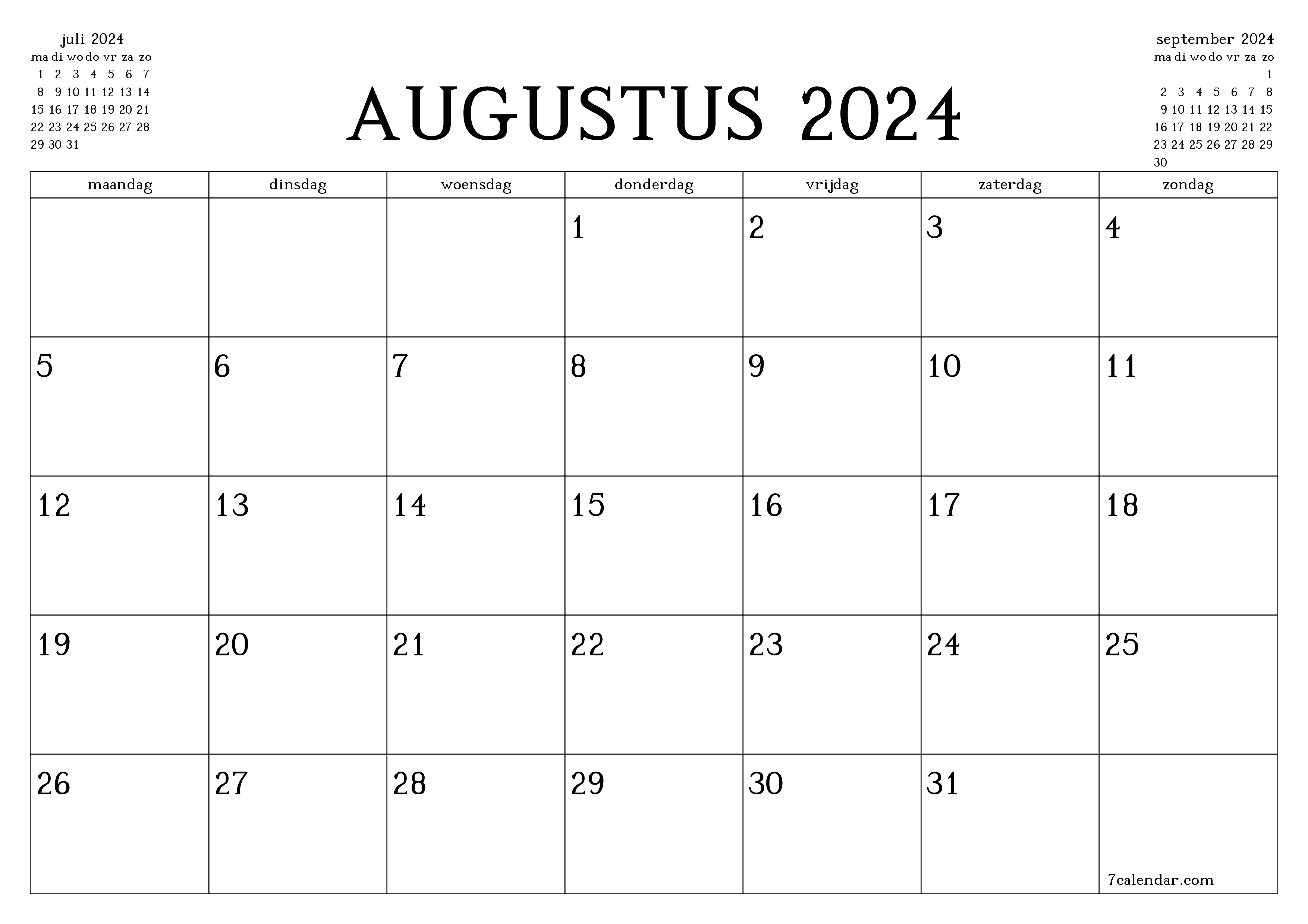 Lege maandplanner voor maand augustus 2024 met notities, opslaan en afdrukken naar pdf PNG Dutch