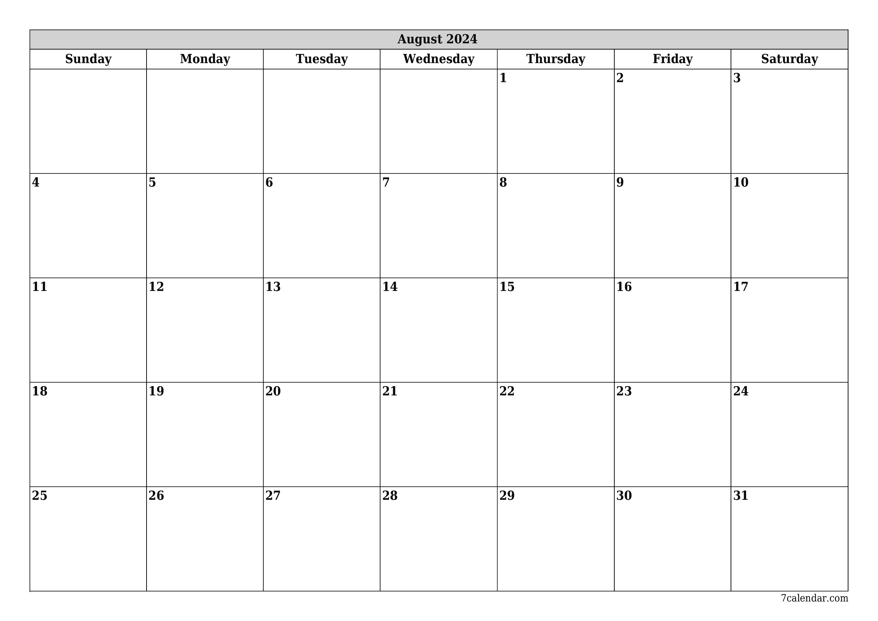 printable wall template free horizontal Monthly planner calendar August (Aug) 2024