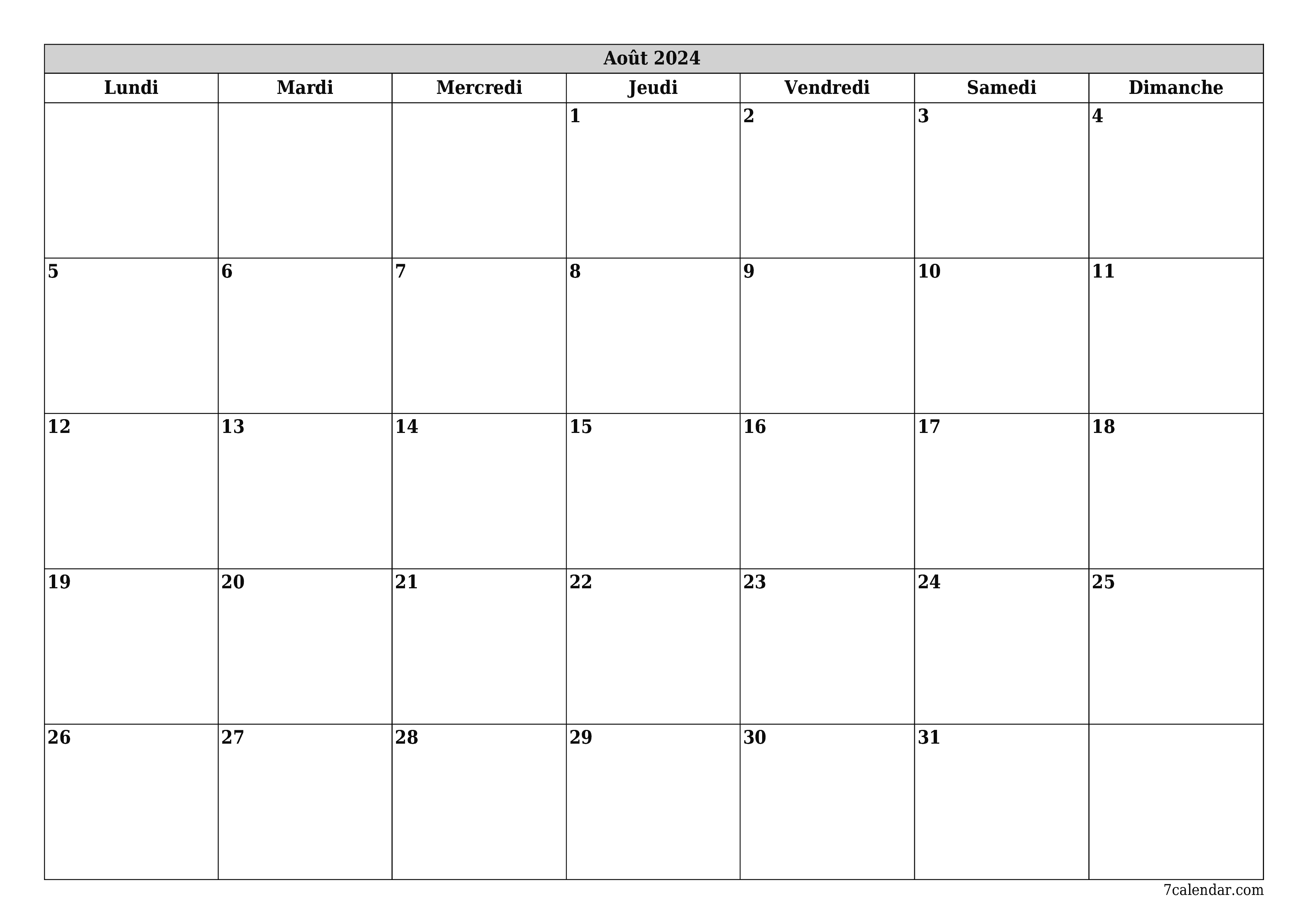 Agenda mensuel vide pour le mois Août 2024 avec notes, enregistrez et imprimez au format PDF PNG French