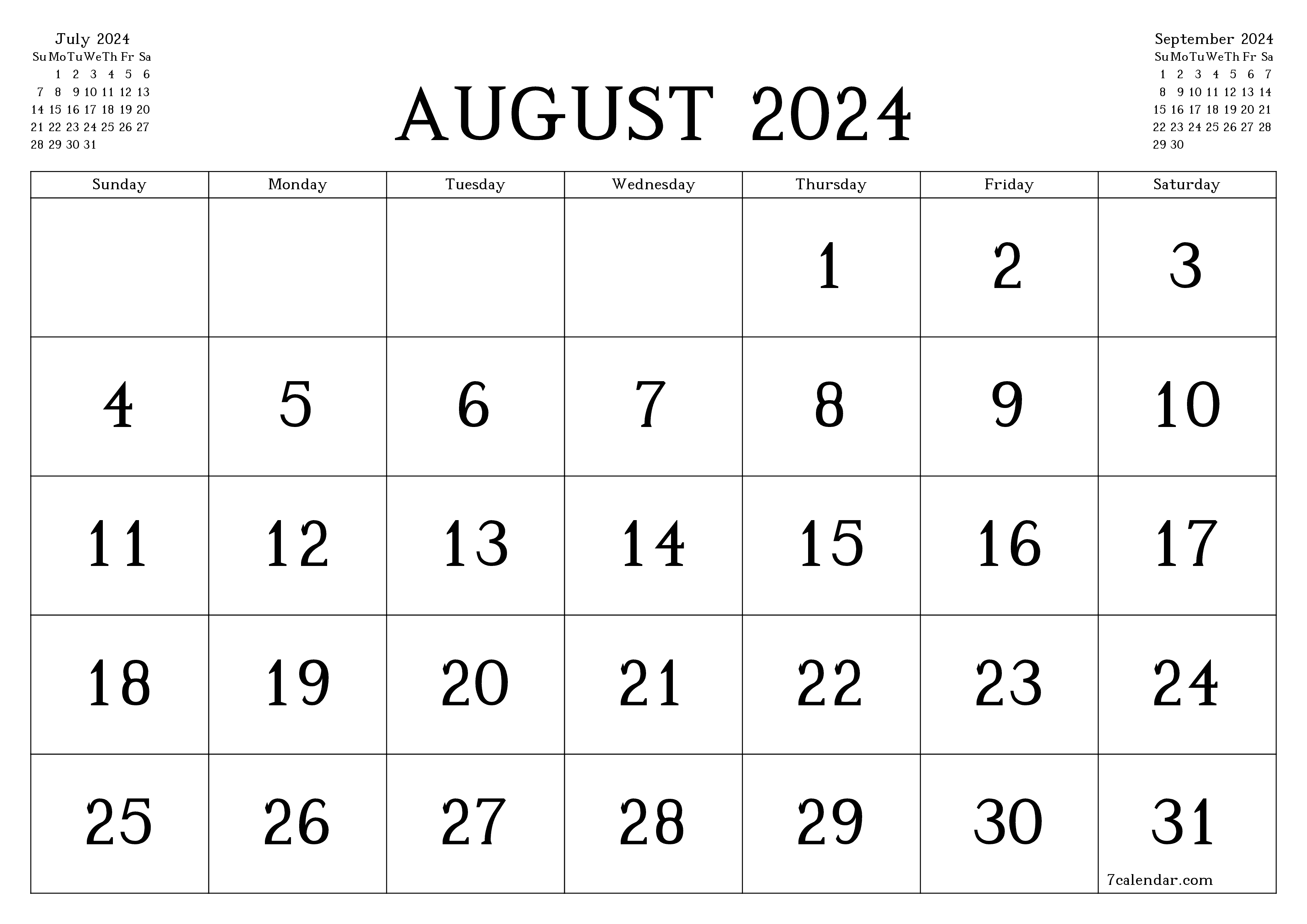 printable wall template free horizontal Monthly calendar August (Aug) 2024