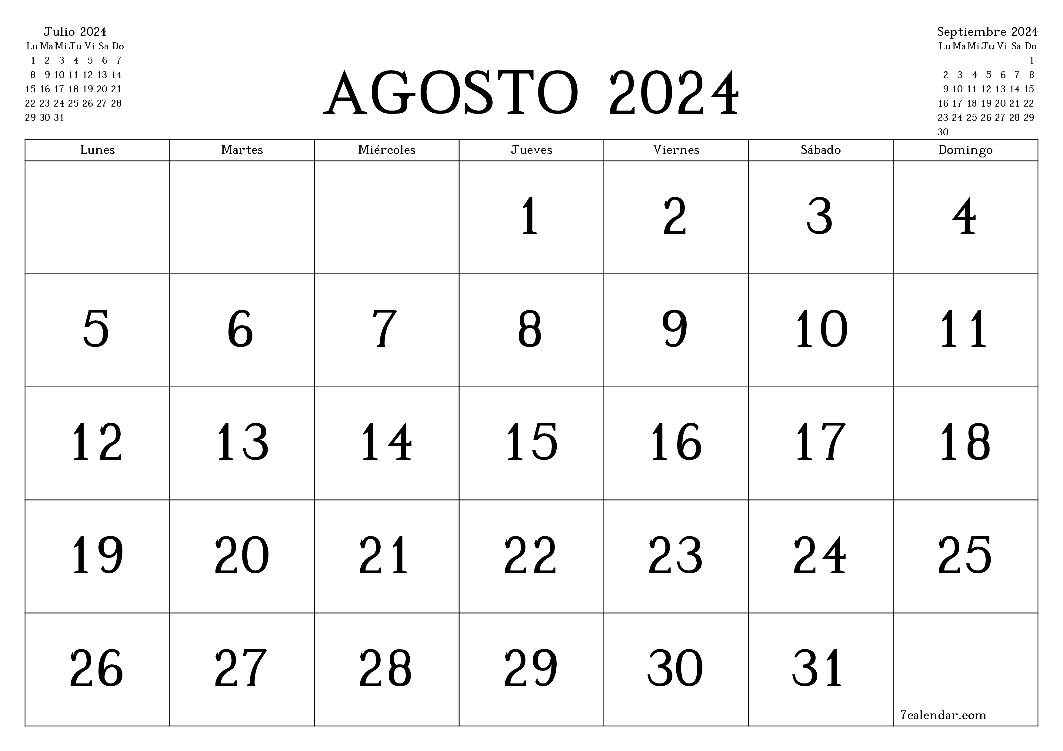 Planificador mensual vacío para el mes Agosto 2024 con notas, guardar e imprimir en PDF PNG Spanish