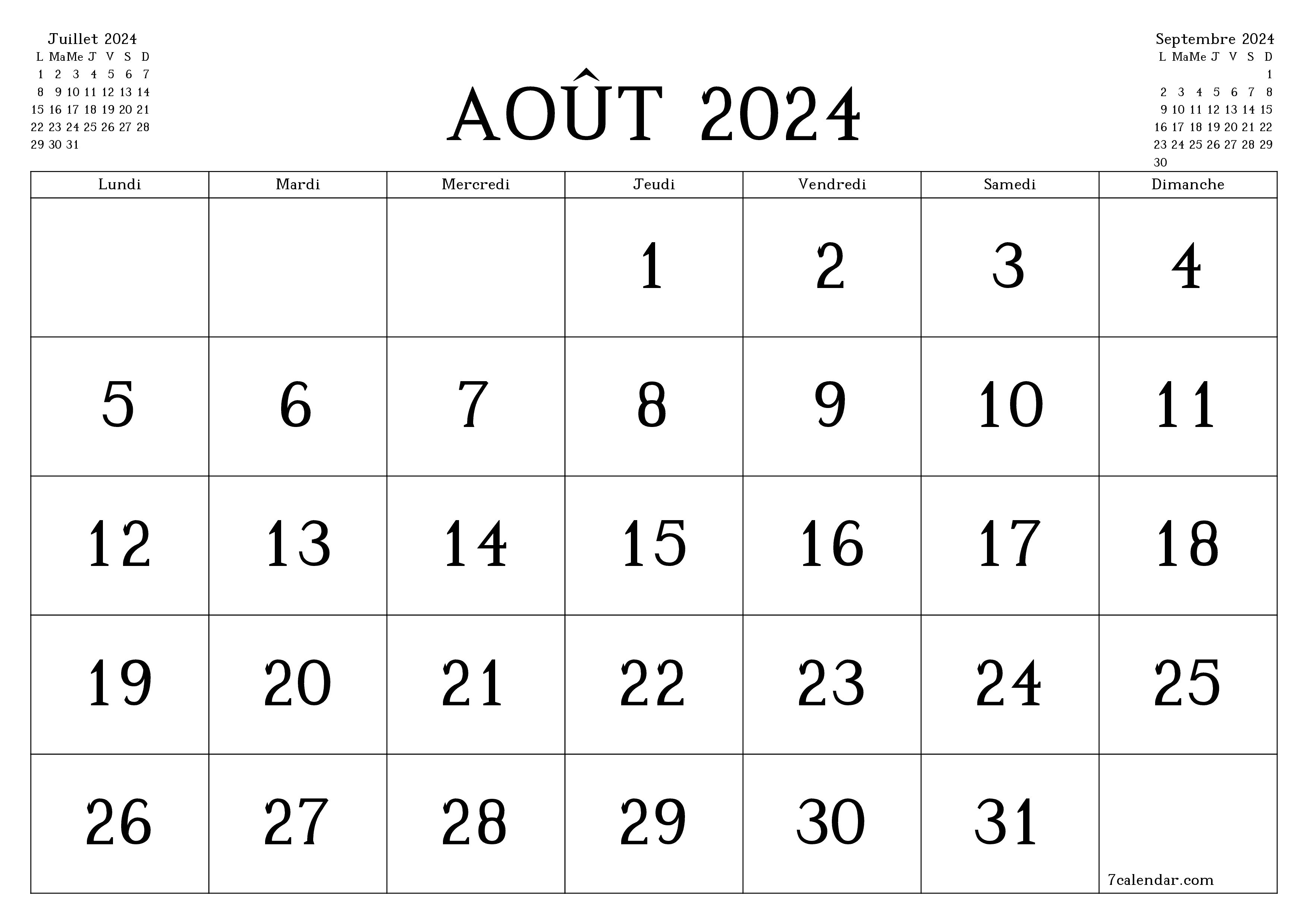 Agenda mensuel vide pour le mois Août 2024 avec notes, enregistrez et imprimez au format PDF PNG French