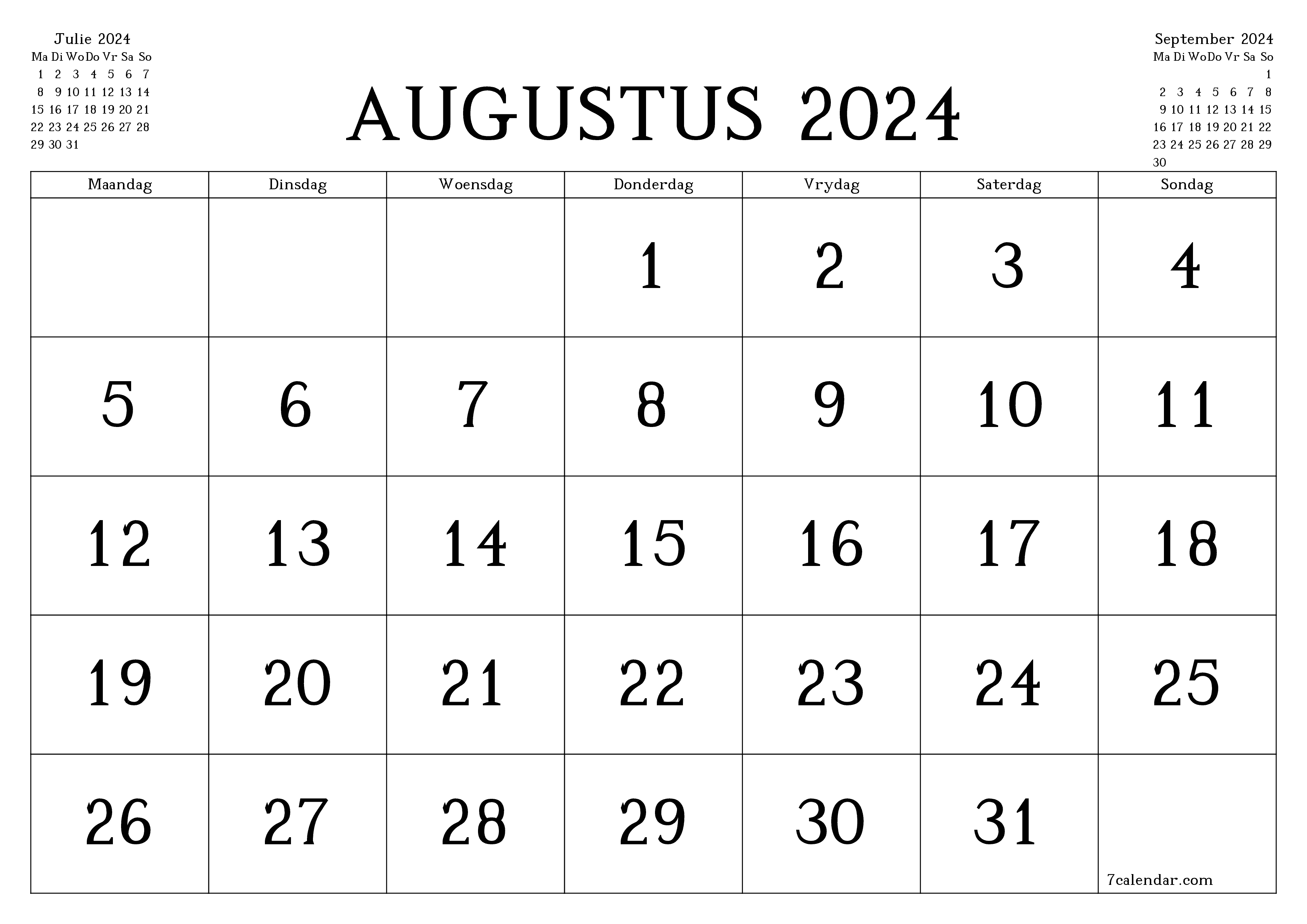 Leë maandelikse drukbare kalender en beplanner vir maand Augustus 2024 met notas stoor en druk na PDF PNG Afrikaans