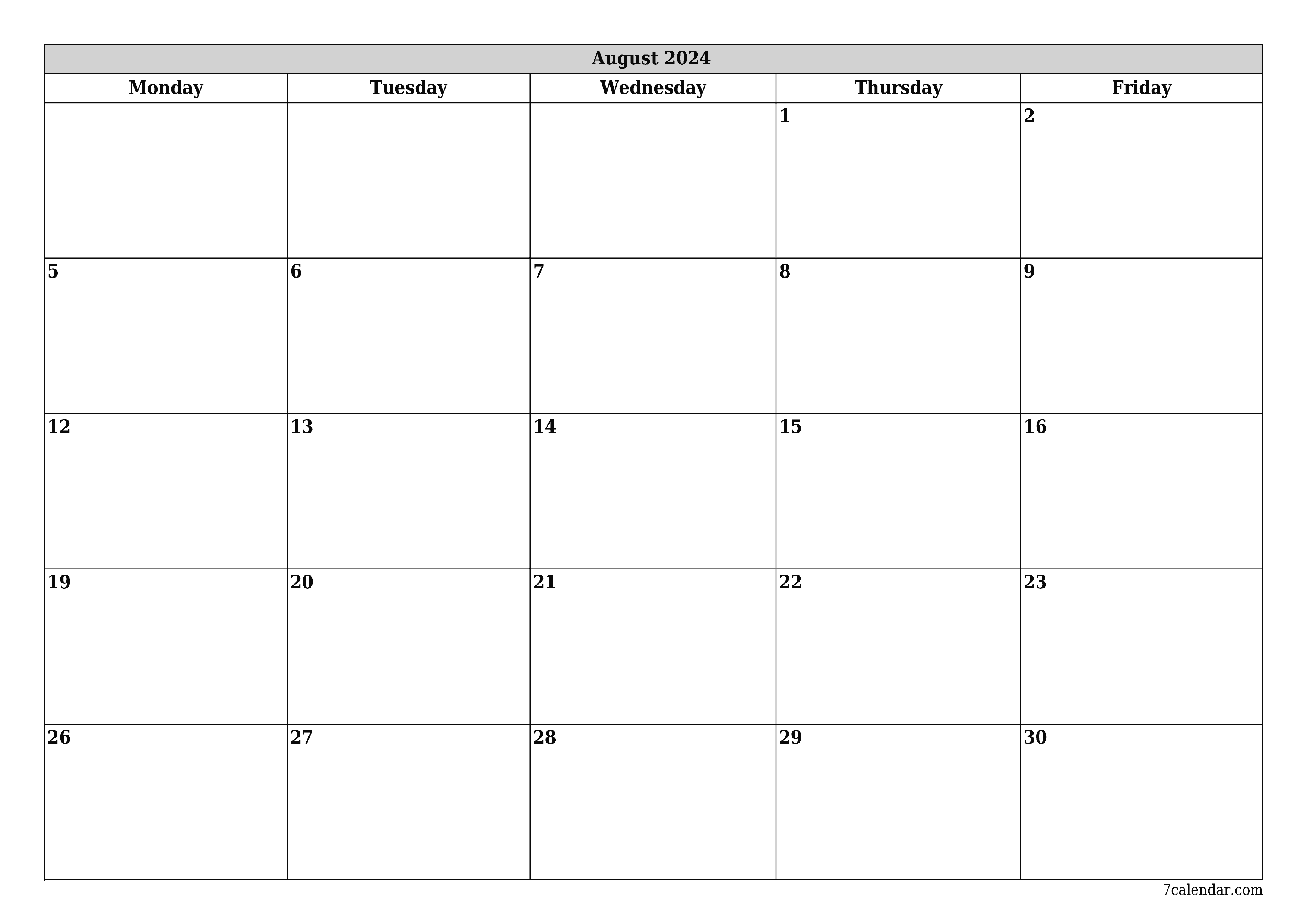 printable wall template free horizontal Monthly planner calendar August (Aug) 2024