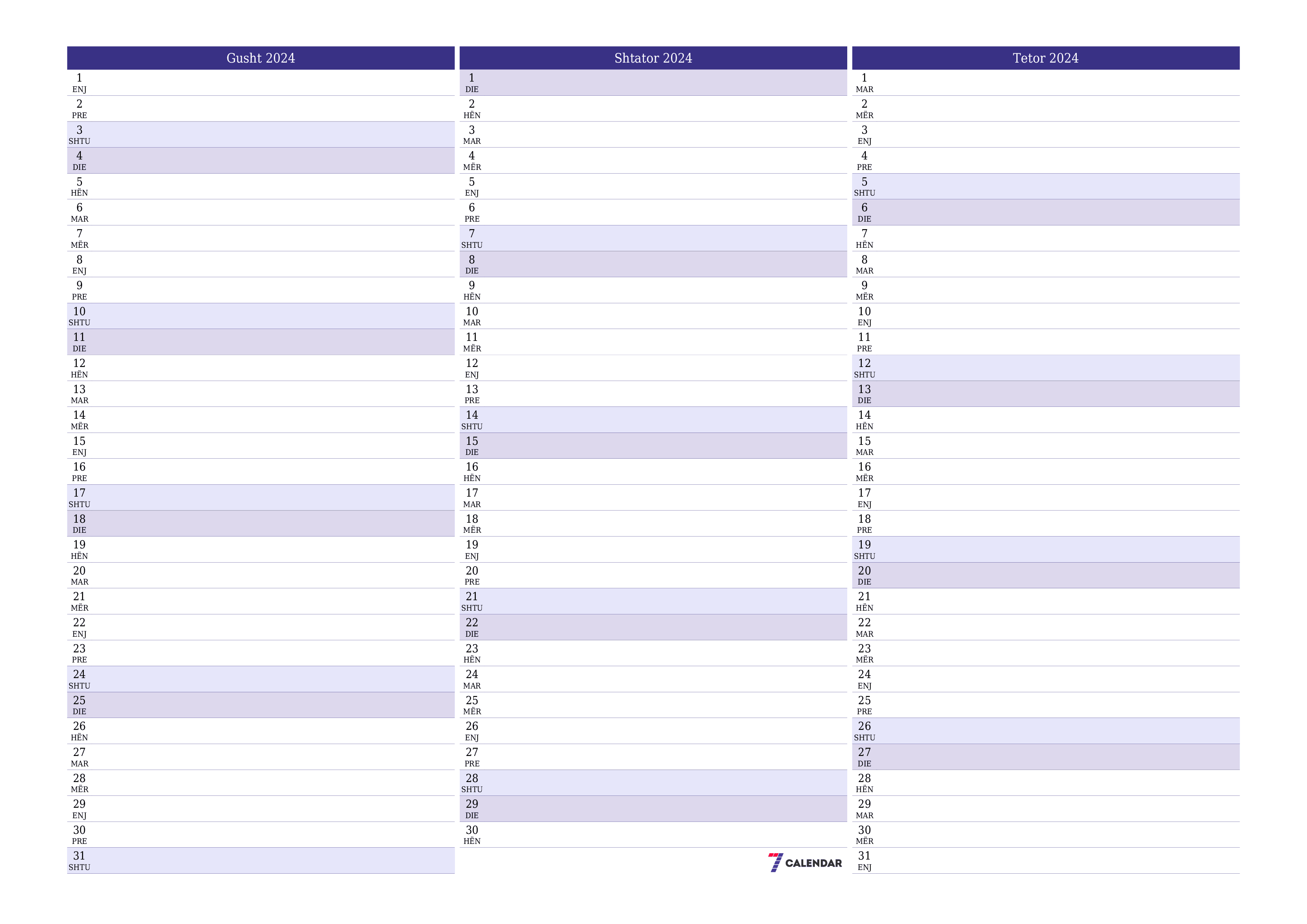 Planifikuesi i zbrazët i kalendarit mujor për muajin Gusht 2024 me shënime të ruajtura dhe të printuara në PDF PNG Albanian