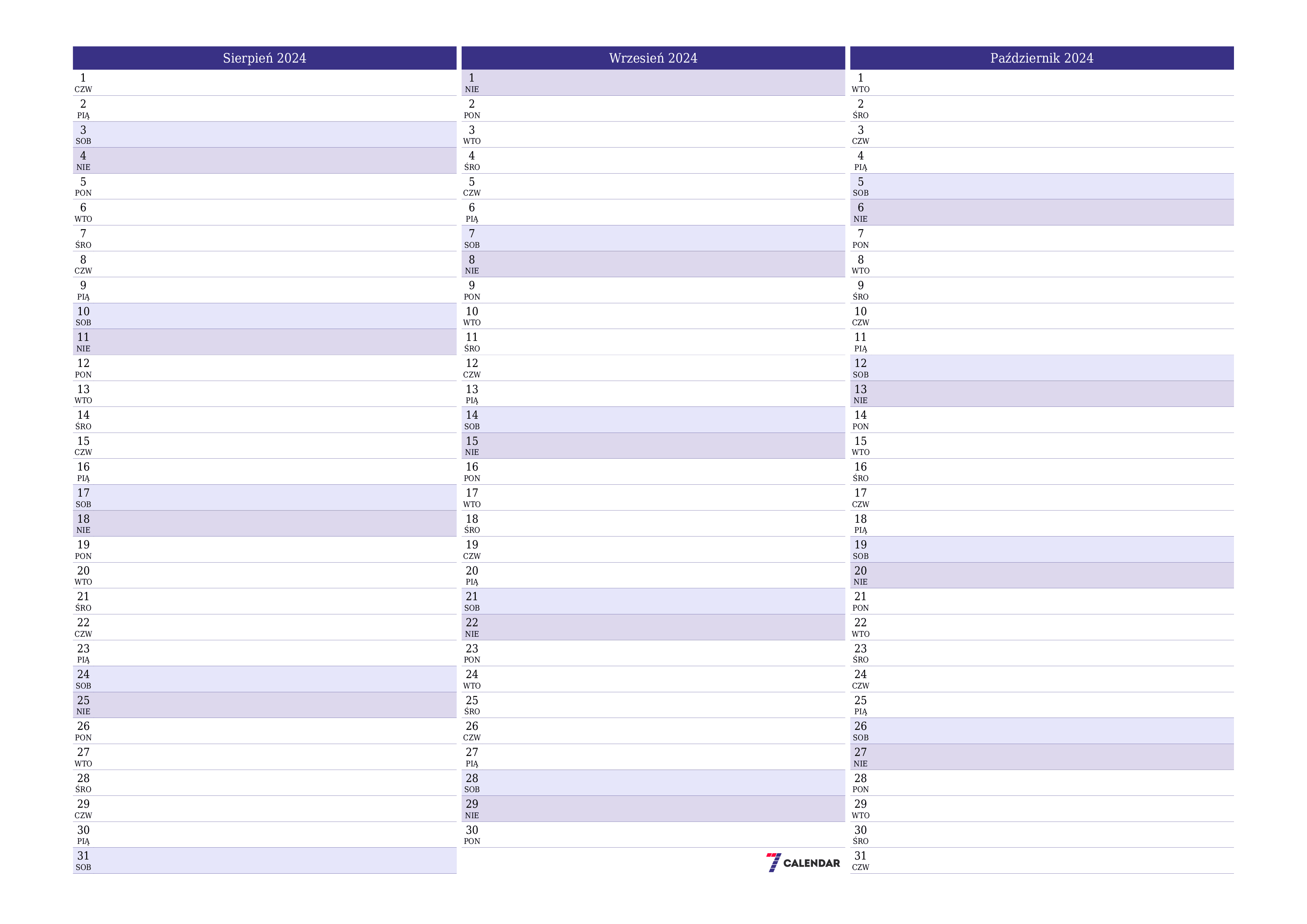 Opróżnij miesięczny planer na miesiąc Sierpień 2024 z notatkami, zapisz i wydrukuj w formacie PDF PNG Polish