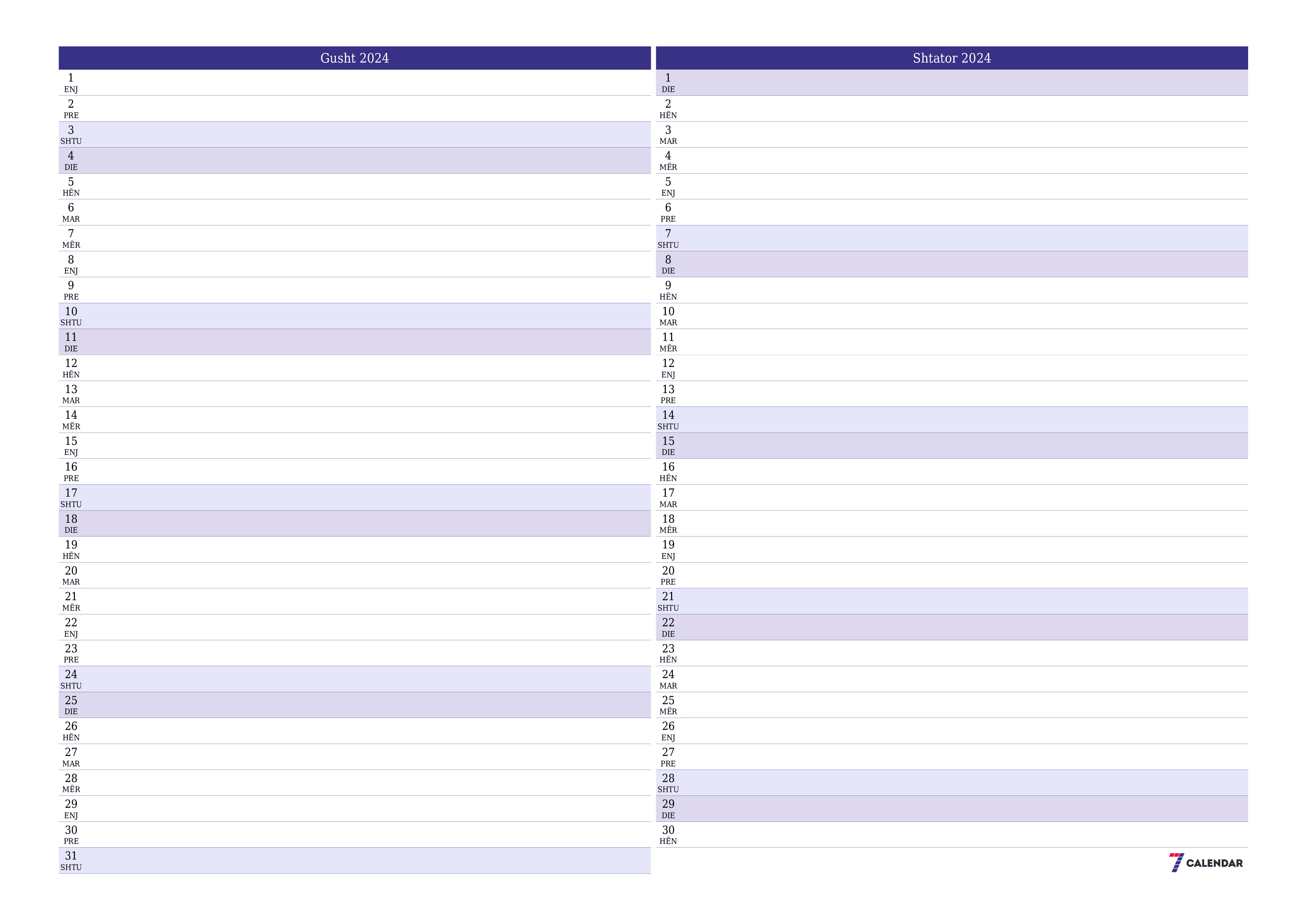 Planifikuesi i zbrazët i kalendarit mujor për muajin Gusht 2024 me shënime të ruajtura dhe të printuara në PDF PNG Albanian