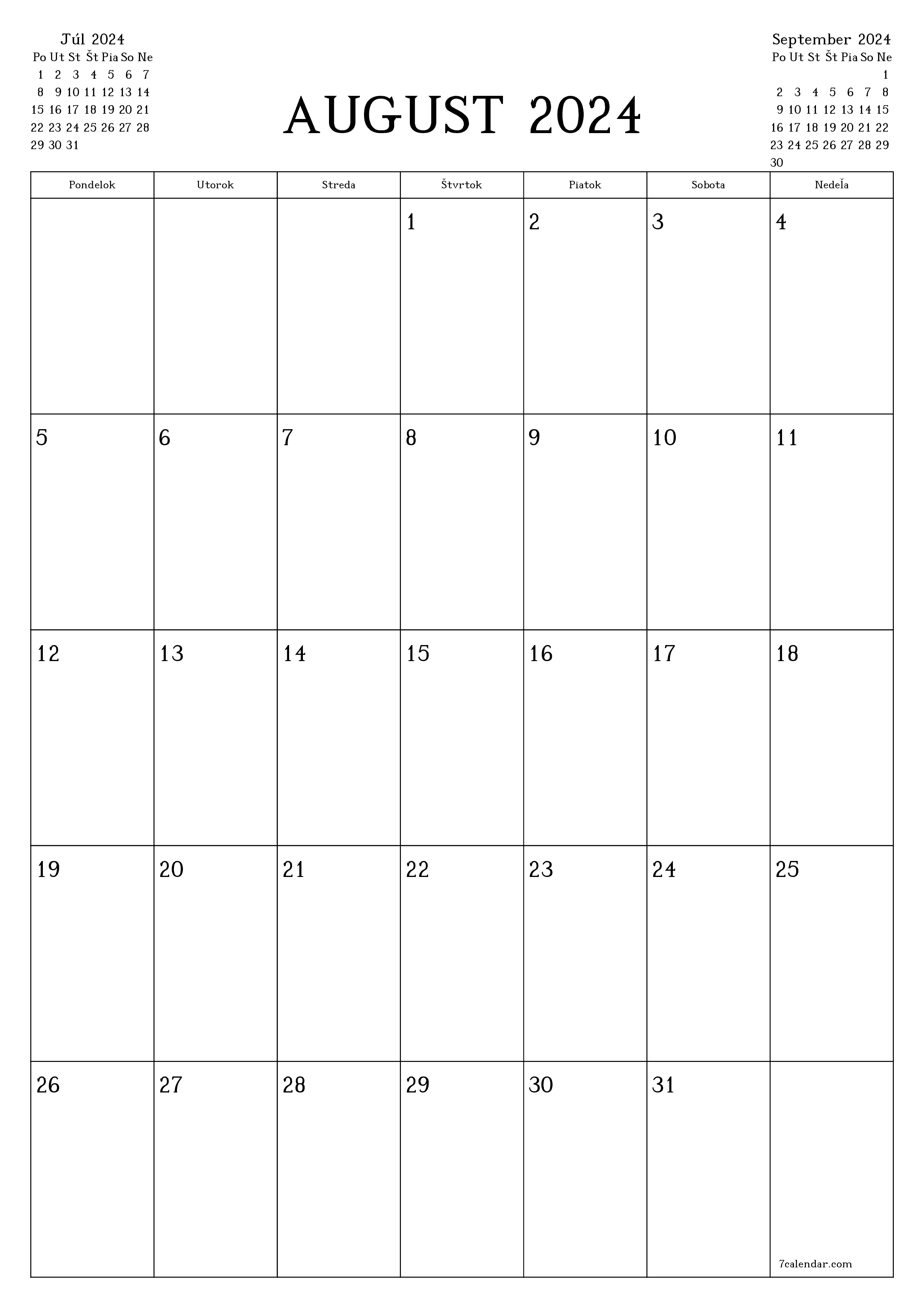 vytlačiteľný nástenný šablóna a bezplatný вертикальный Mesačne plánovač kalendár August (Aug) 2024