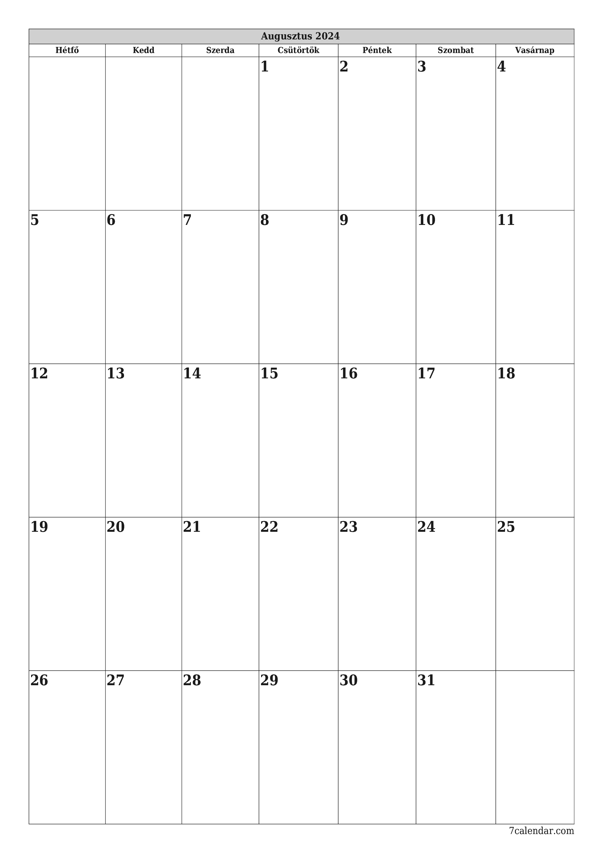nyomtatható fali sablon ingyenes függőleges Havi tervező naptár Augusztus (Aug) 2024