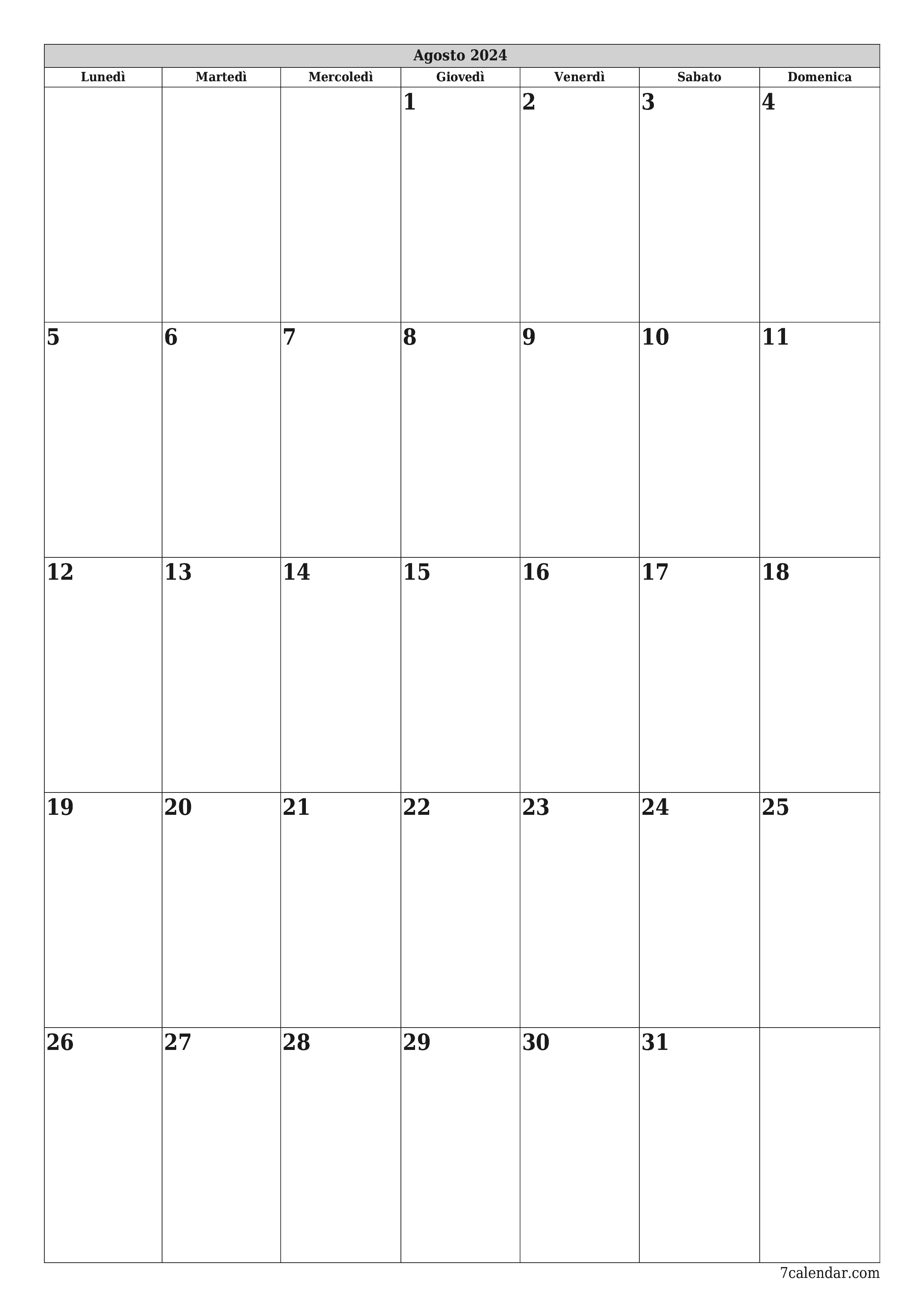 stampabile da parete modello di gratuitoverticale Mensile pianificatore calendario Agosto (Ago) 2024