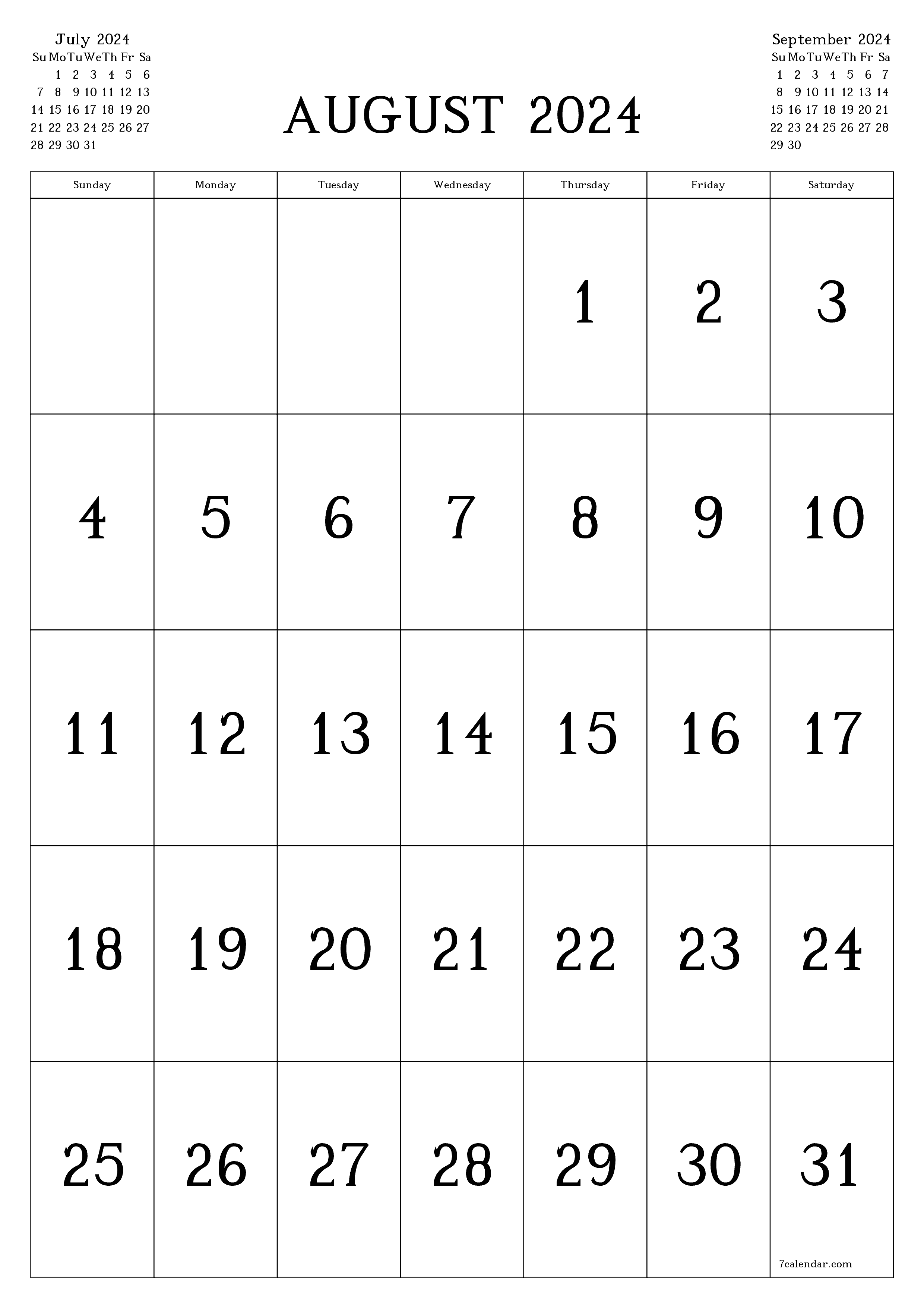 printable wall template free vertical Monthly calendar August (Aug) 2024