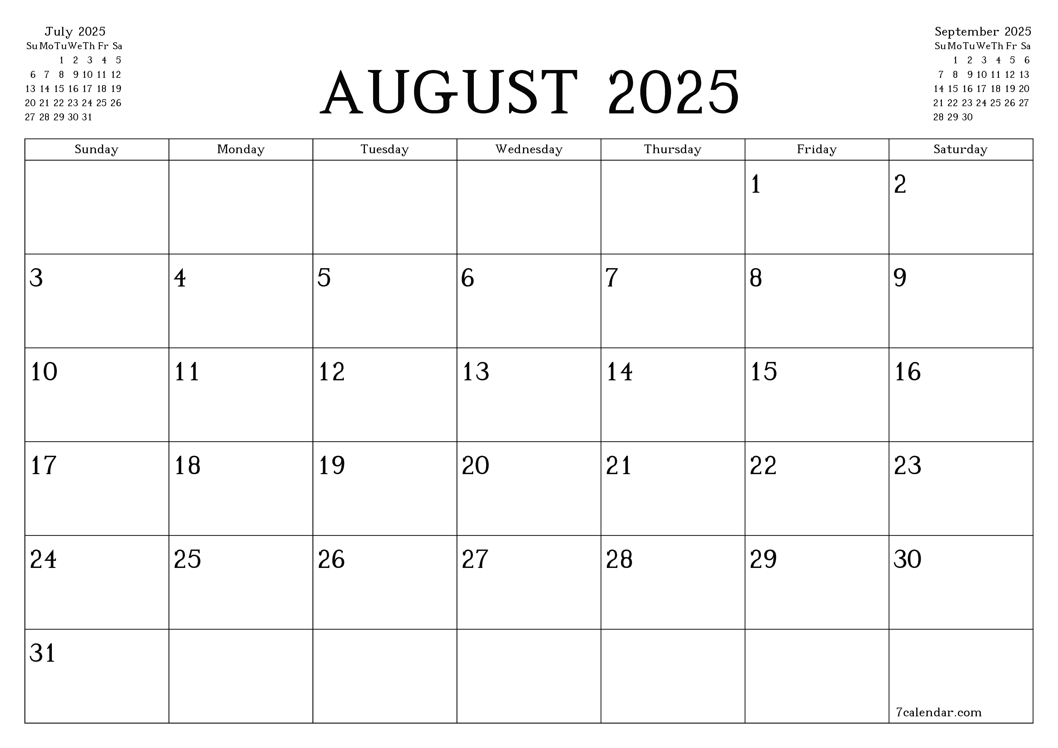 Blank monthly printable calendar and planner for month August 2025 with notes save and print to PDF PNG English