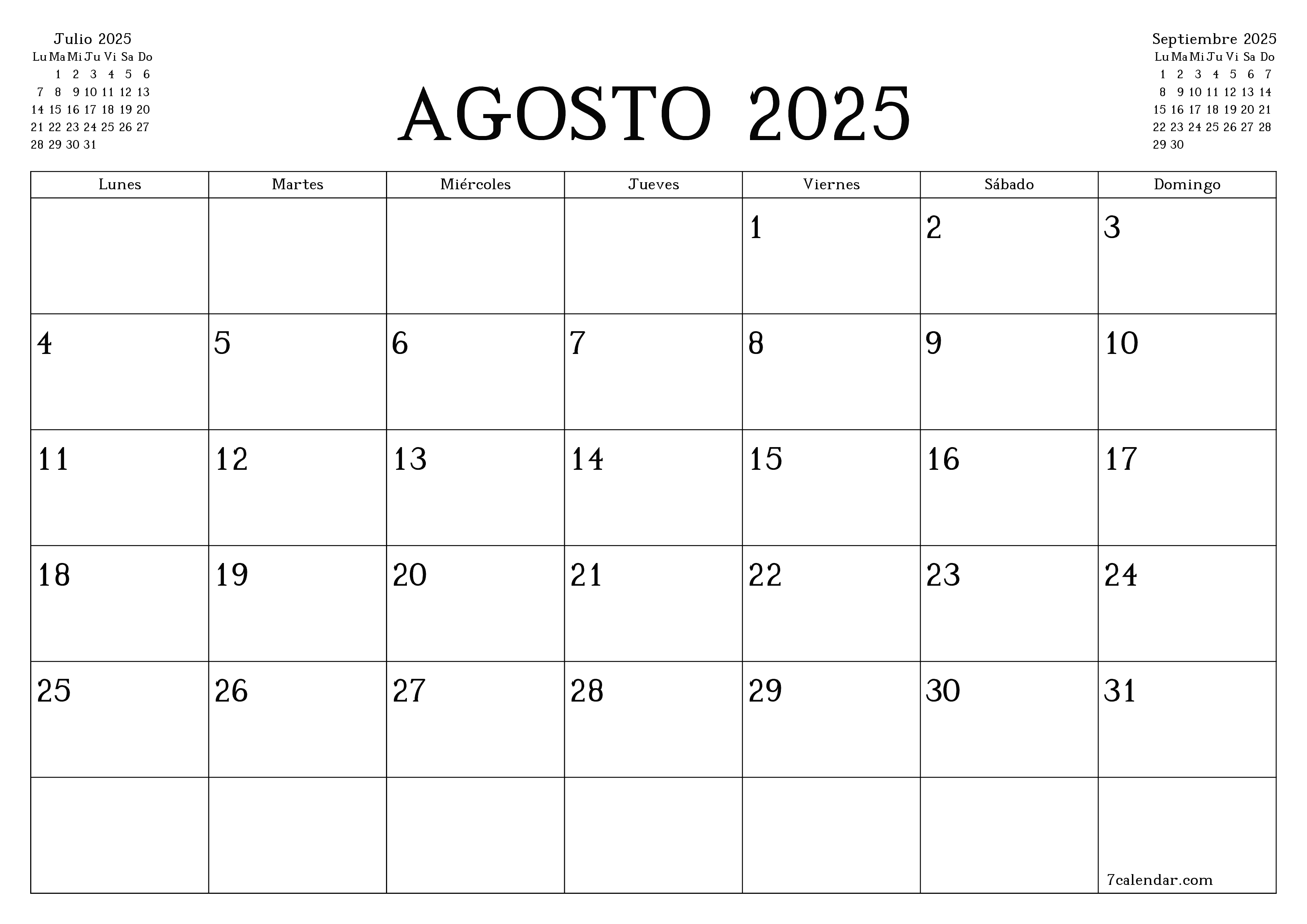 Planificador mensual vacío para el mes Agosto 2025 con notas, guardar e imprimir en PDF PNG Spanish