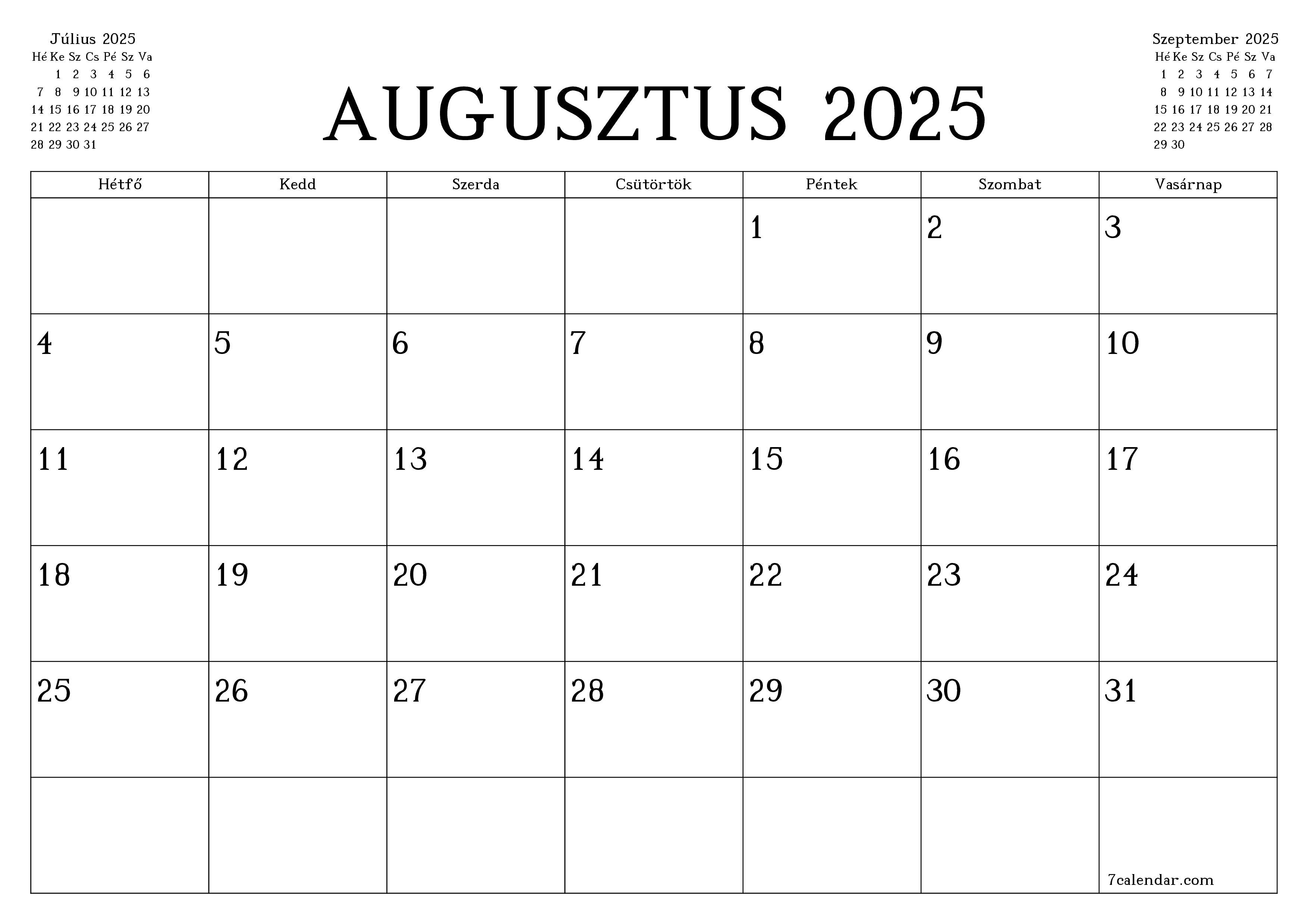 Üres havi tervező a Augusztus 2025 hónapra jegyzetekkel, mentés és nyomtatás PDF-be PNG Hungarian