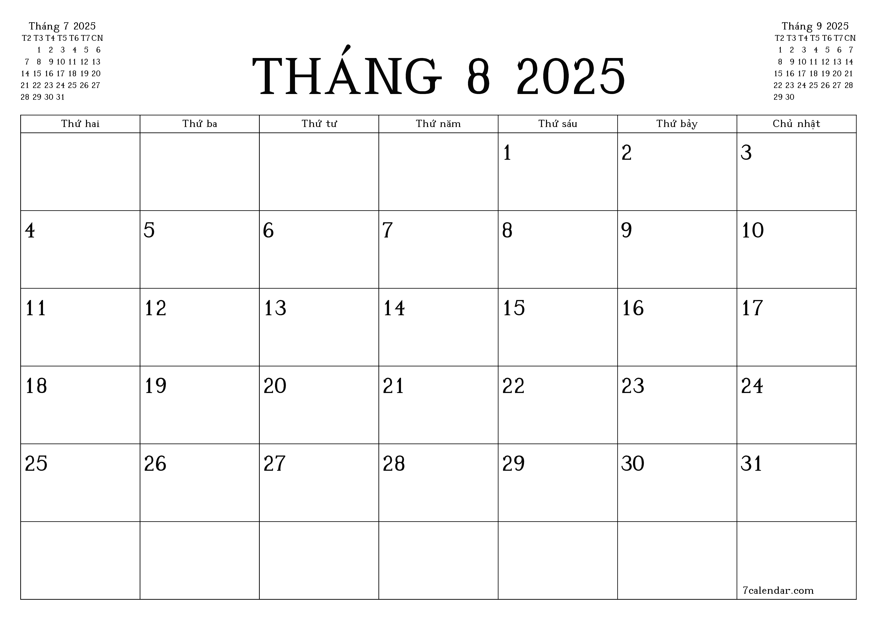 Công cụ lập kế hoạch hàng tháng trống cho tháng Tháng 8 2025 có ghi chú, lưu và in sang PDF PNG Vietnamese