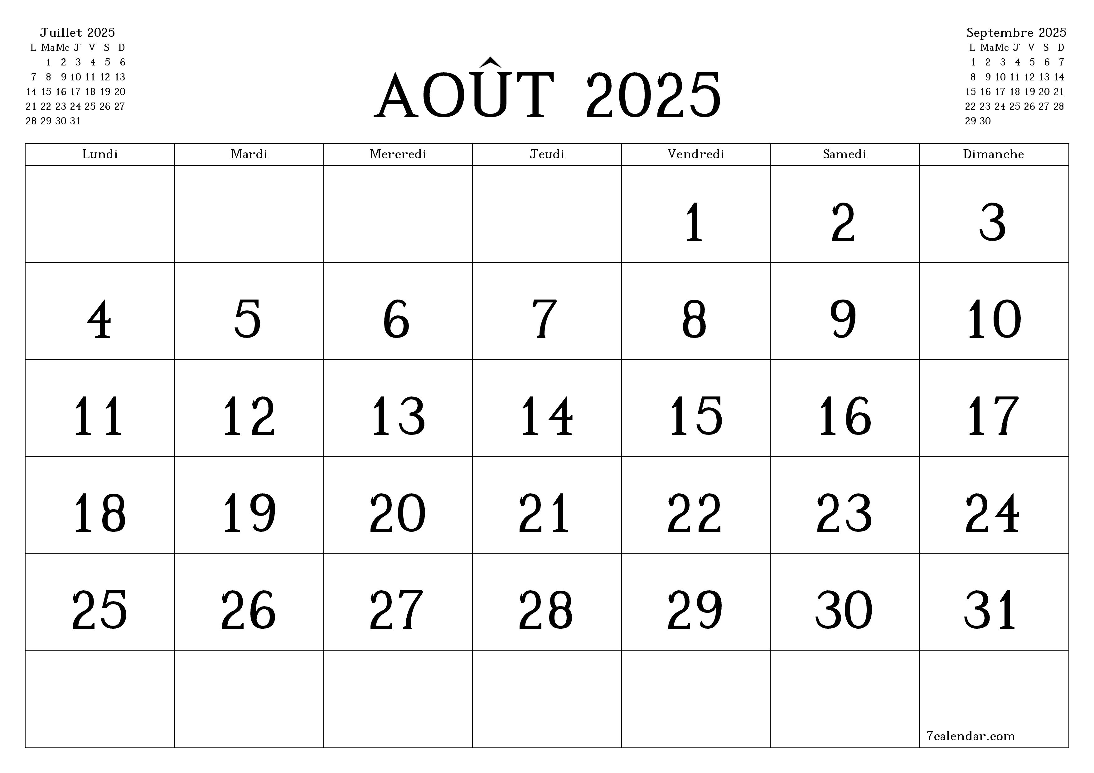 Agenda mensuel vide pour le mois Août 2025 avec notes, enregistrez et imprimez au format PDF PNG French