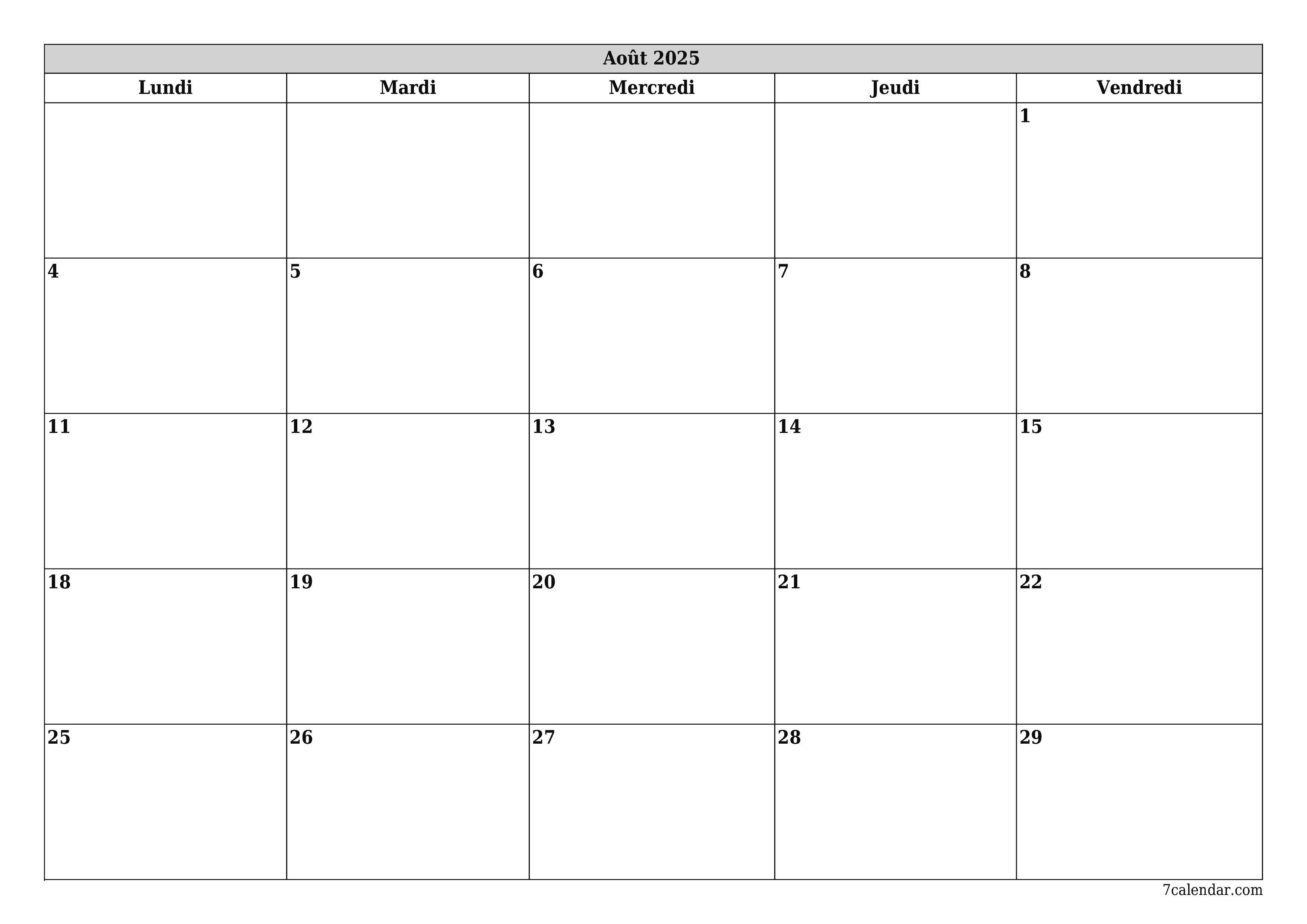 Agenda mensuel vide pour le mois Août 2025 avec notes, enregistrez et imprimez au format PDF PNG French