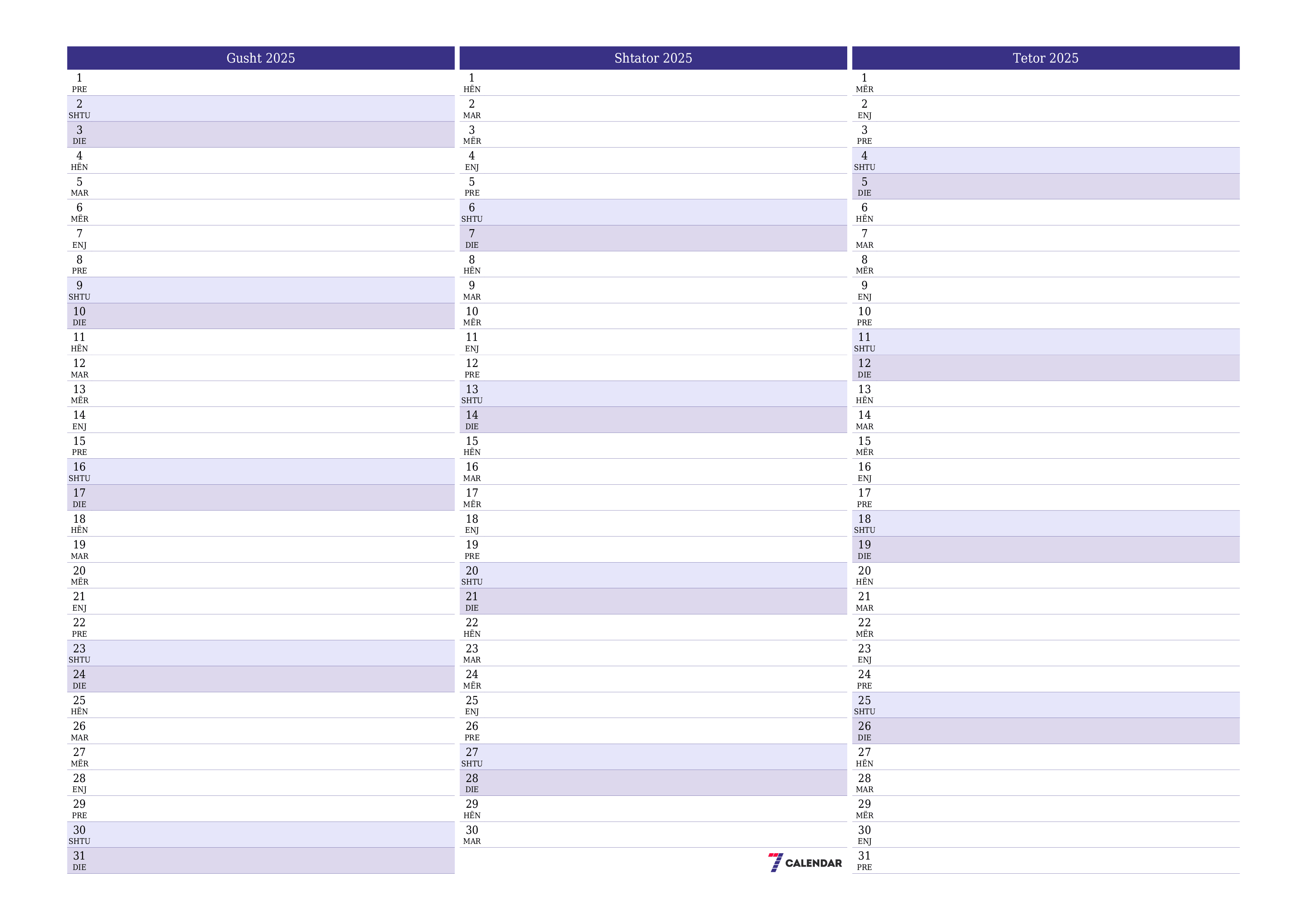 Planifikuesi i zbrazët i kalendarit mujor për muajin Gusht 2025 me shënime të ruajtura dhe të printuara në PDF PNG Albanian