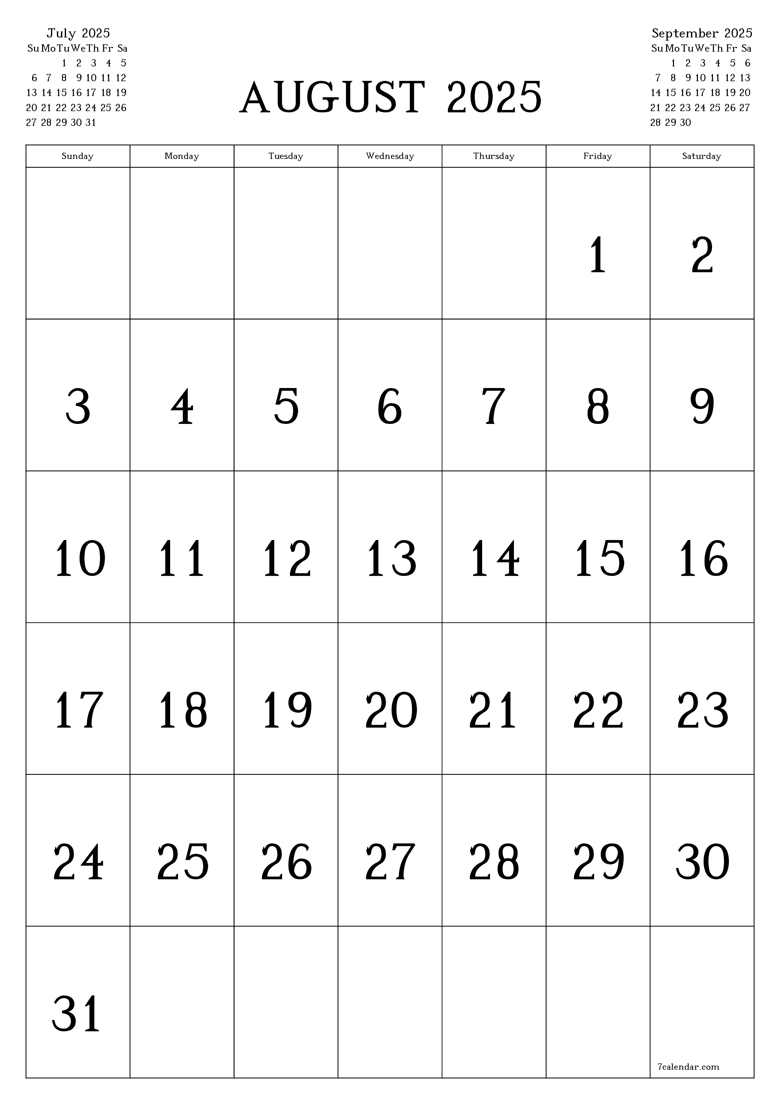 printable wall template free vertical Monthly calendar August (Aug) 2025