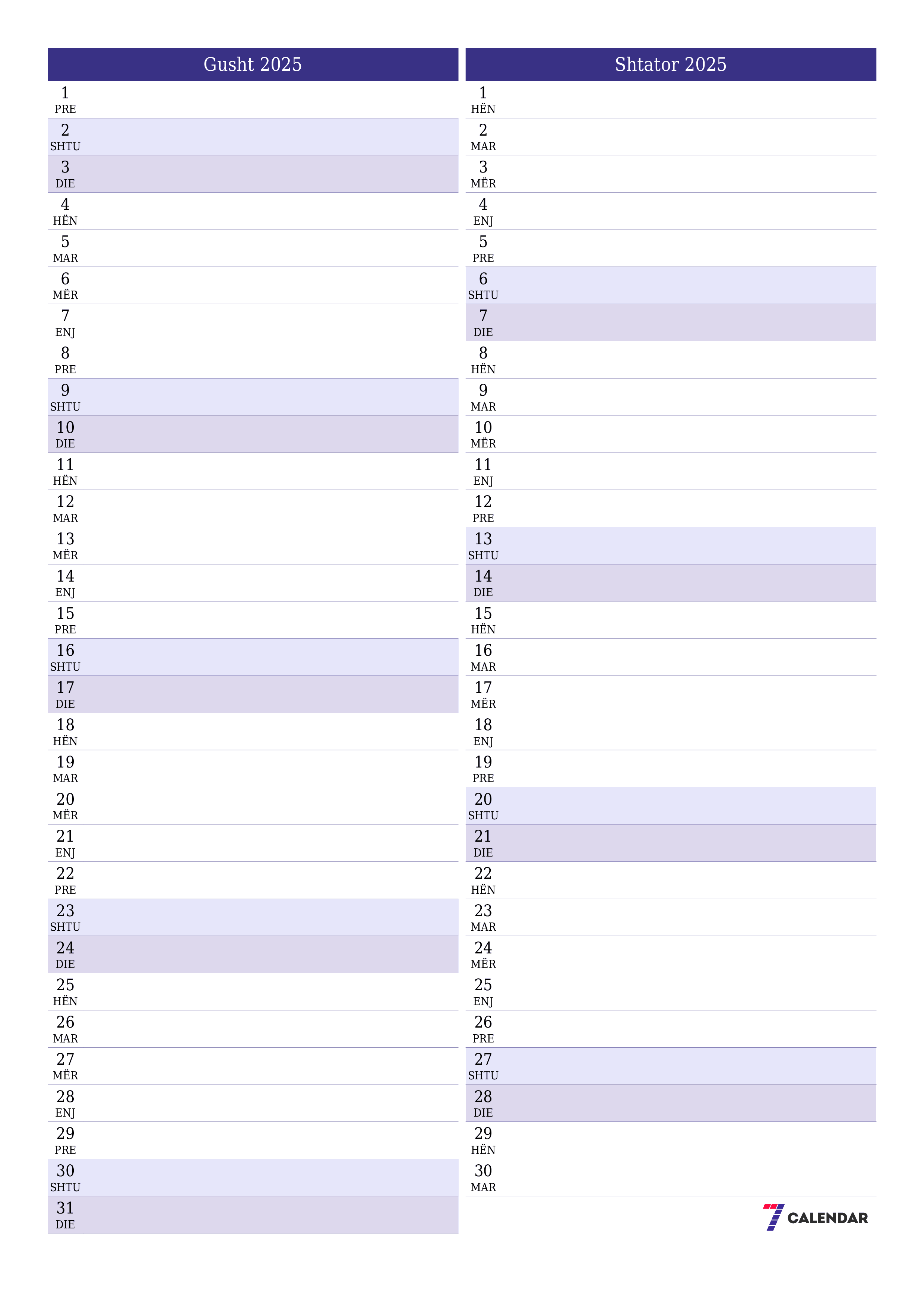 Planifikuesi i zbrazët i kalendarit mujor për muajin Gusht 2025 me shënime të ruajtura dhe të printuara në PDF PNG Albanian