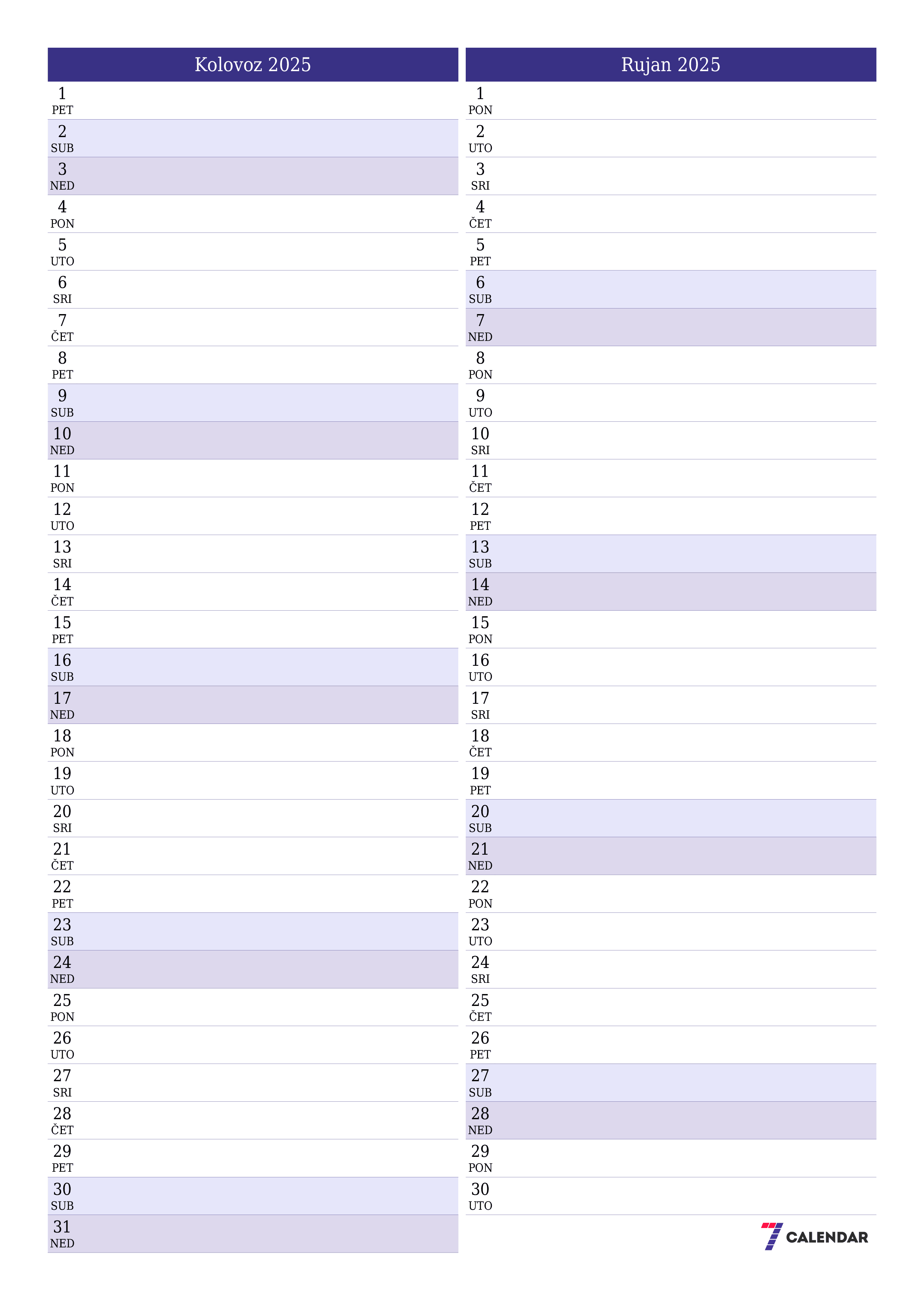 Ispraznite mjesečni planer za mjesec Kolovoz 2025 s bilješkama, spremite i ispišite u PDF PNG Croatian