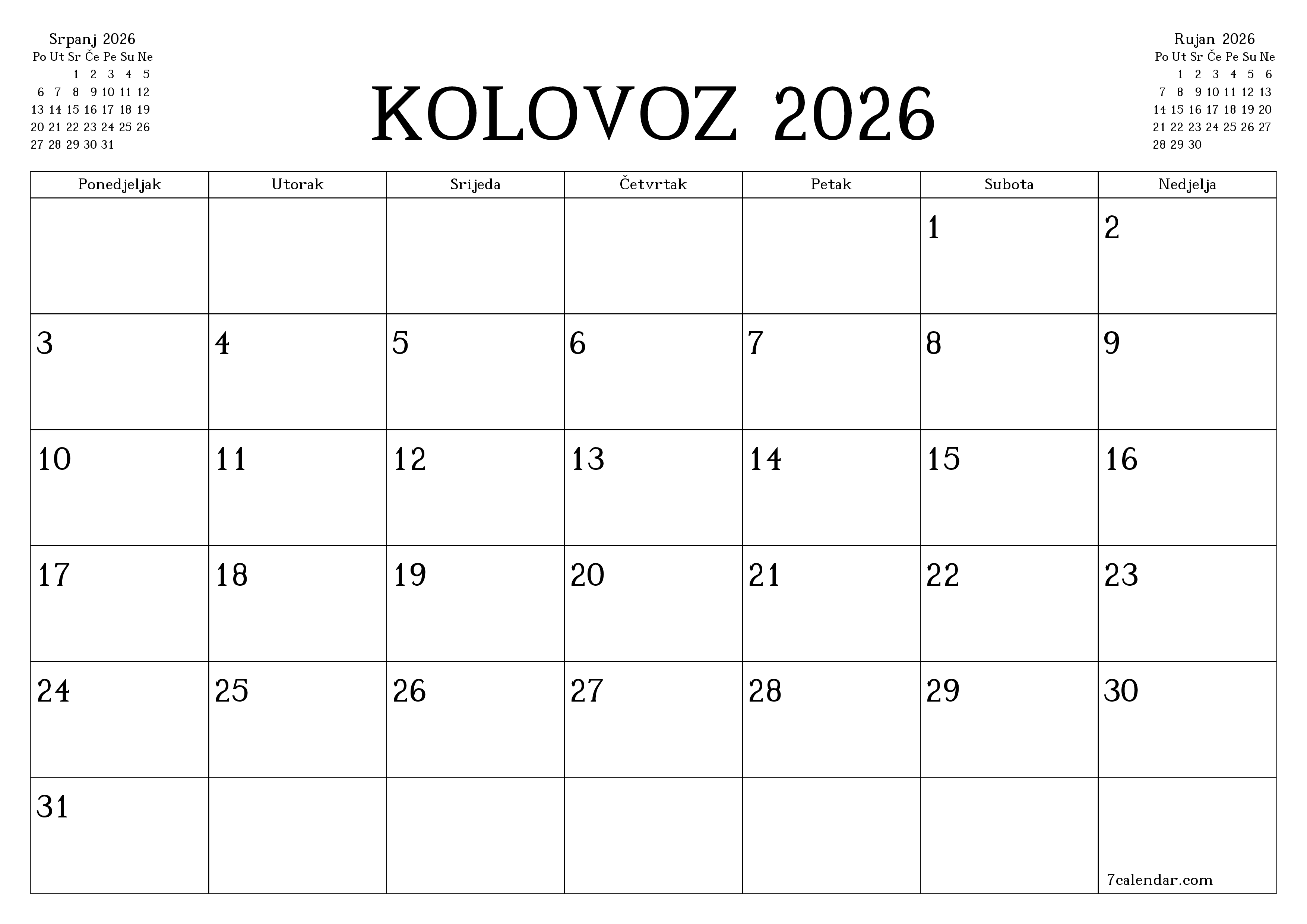 Ispraznite mjesečni planer za mjesec Kolovoz 2026 s bilješkama, spremite i ispišite u PDF PNG Croatian