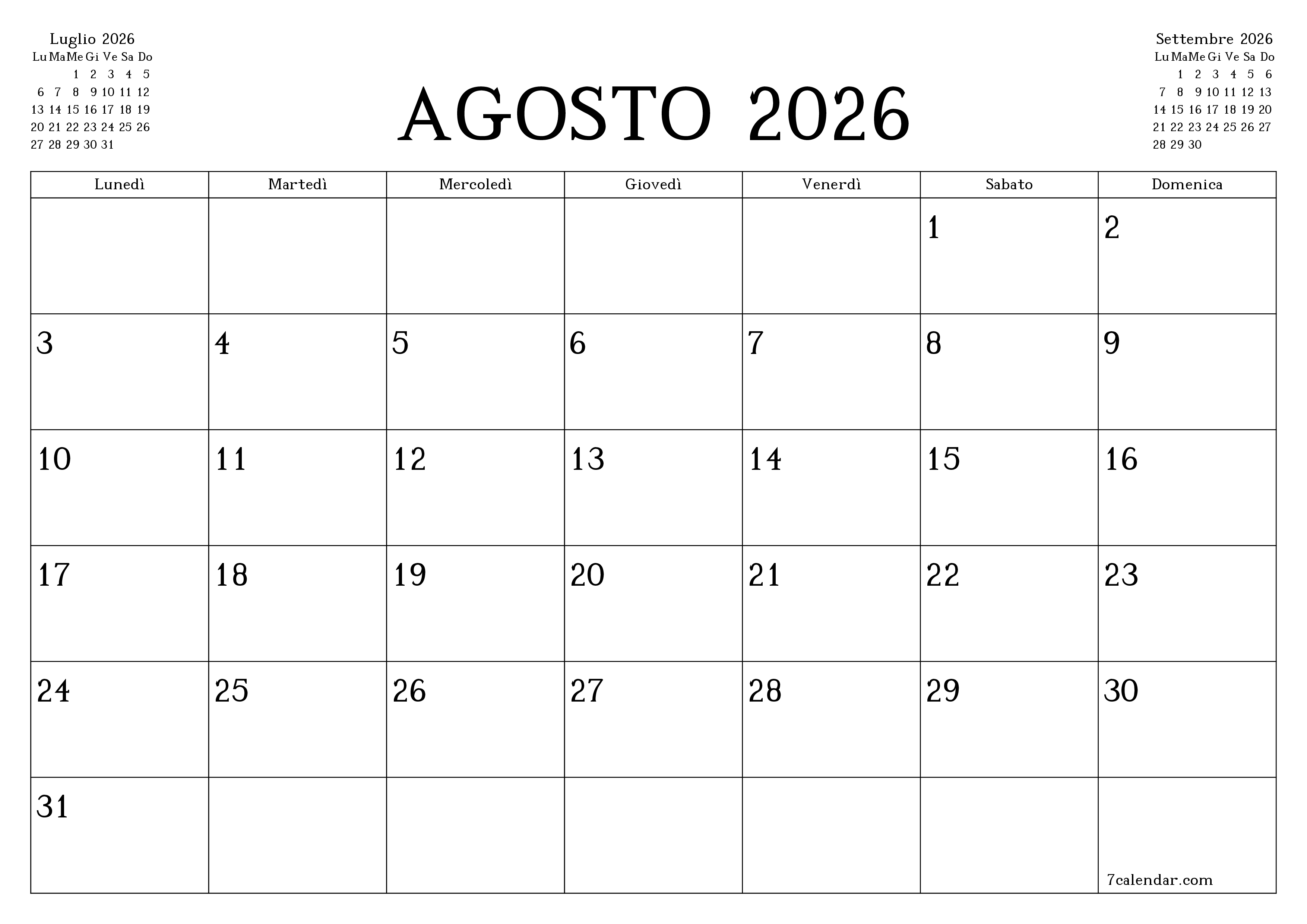 Pianificatore mensile vuoto per il mese Agosto 2026 con note, salva e stampa in PDF PNG Italian