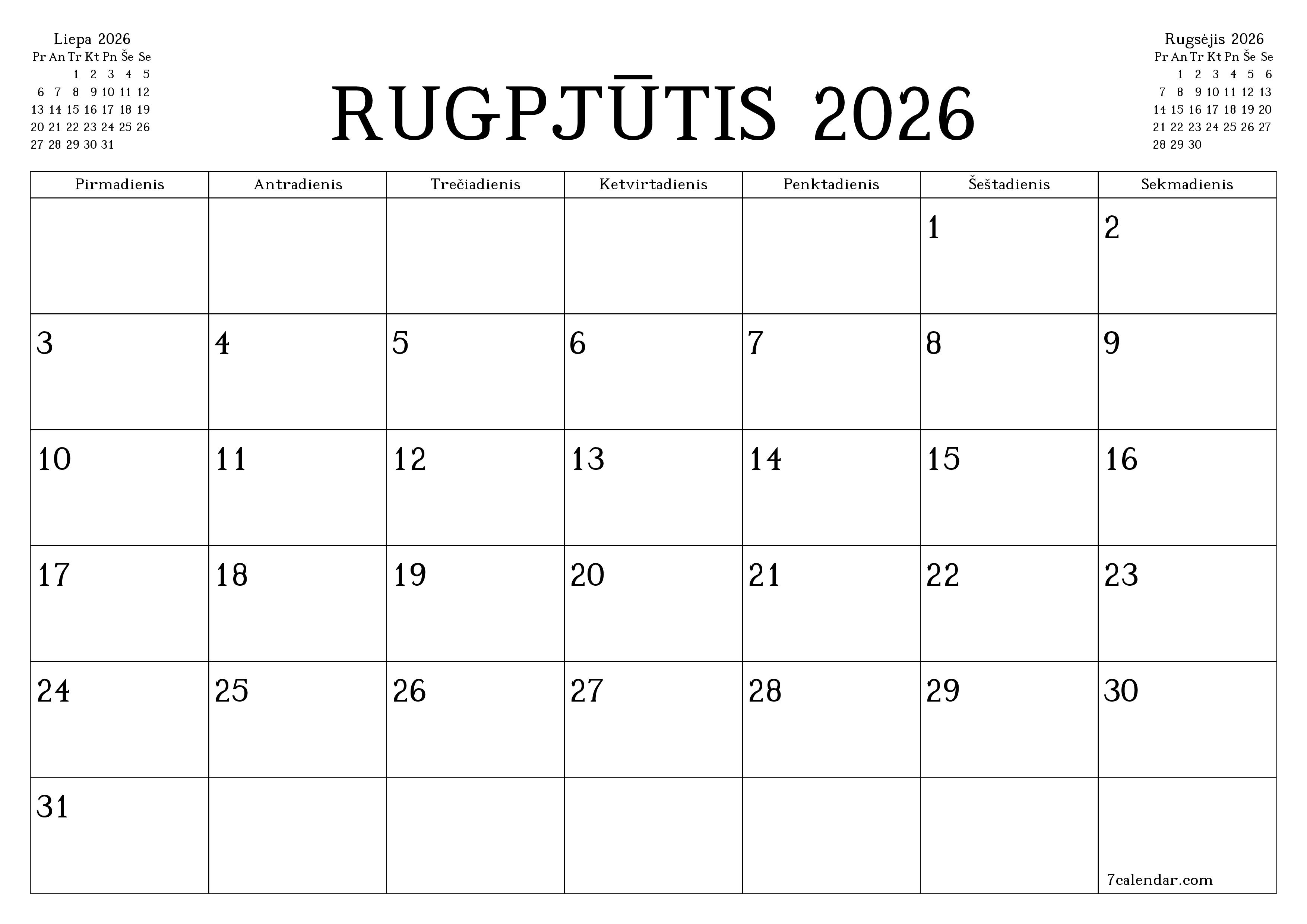Ištuštinti mėnesio Rugpjūtis 2026 mėnesio planavimo priemonę su užrašais, išsaugoti ir atsispausdinti PDF formate PNG Lithuanian