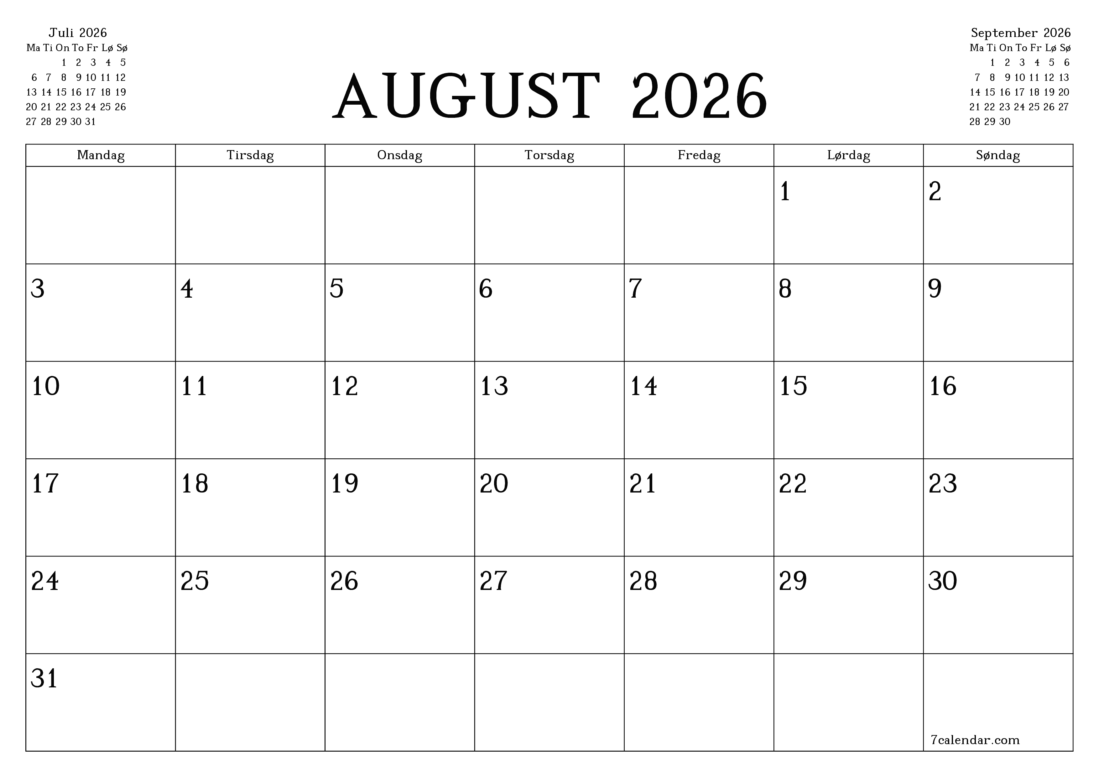 Tom månedlig planlegger for måned August 2026 med notater, lagre og skriv ut til PDF PNG Norwegian
